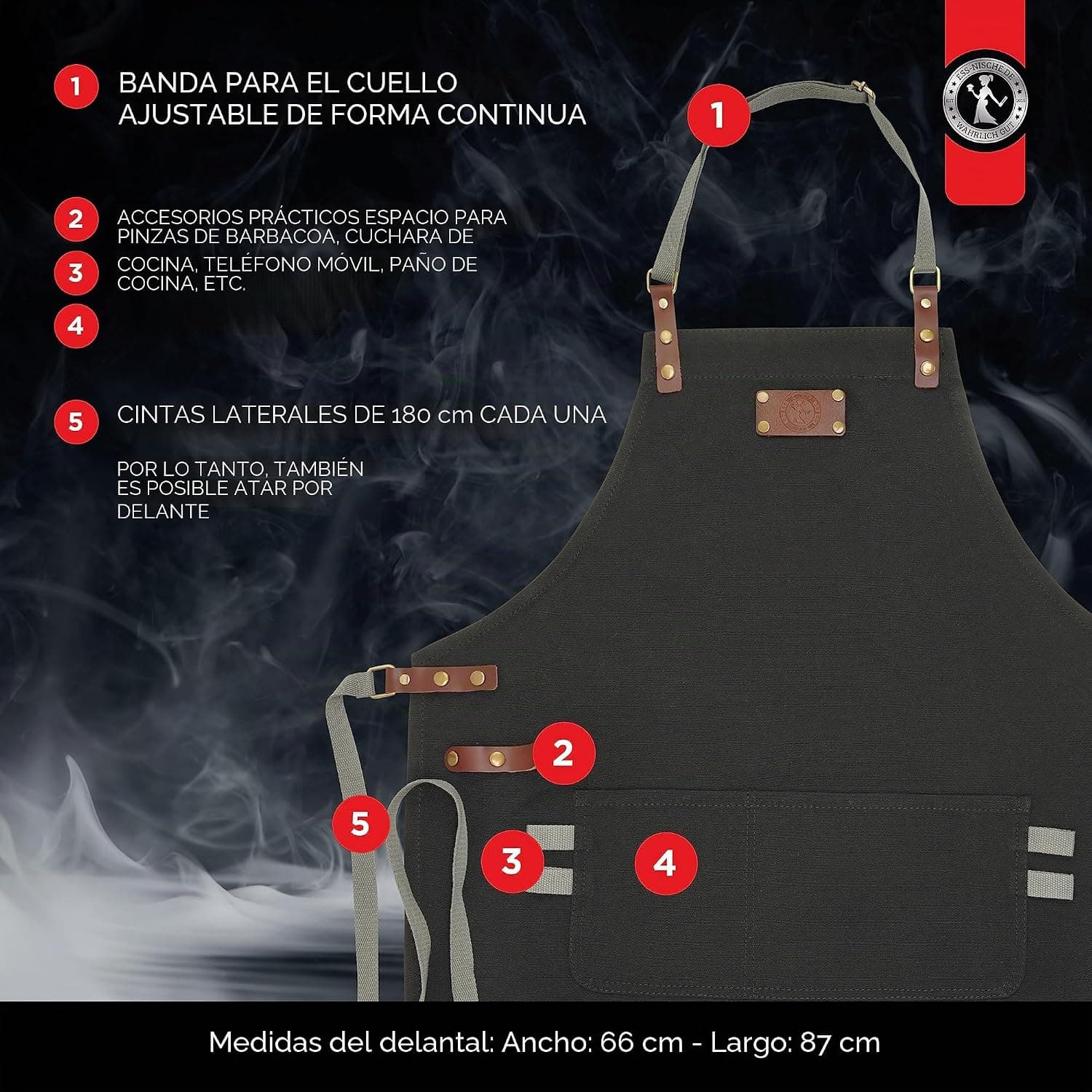 Detalle de los bolsillos y las medidas del delantal