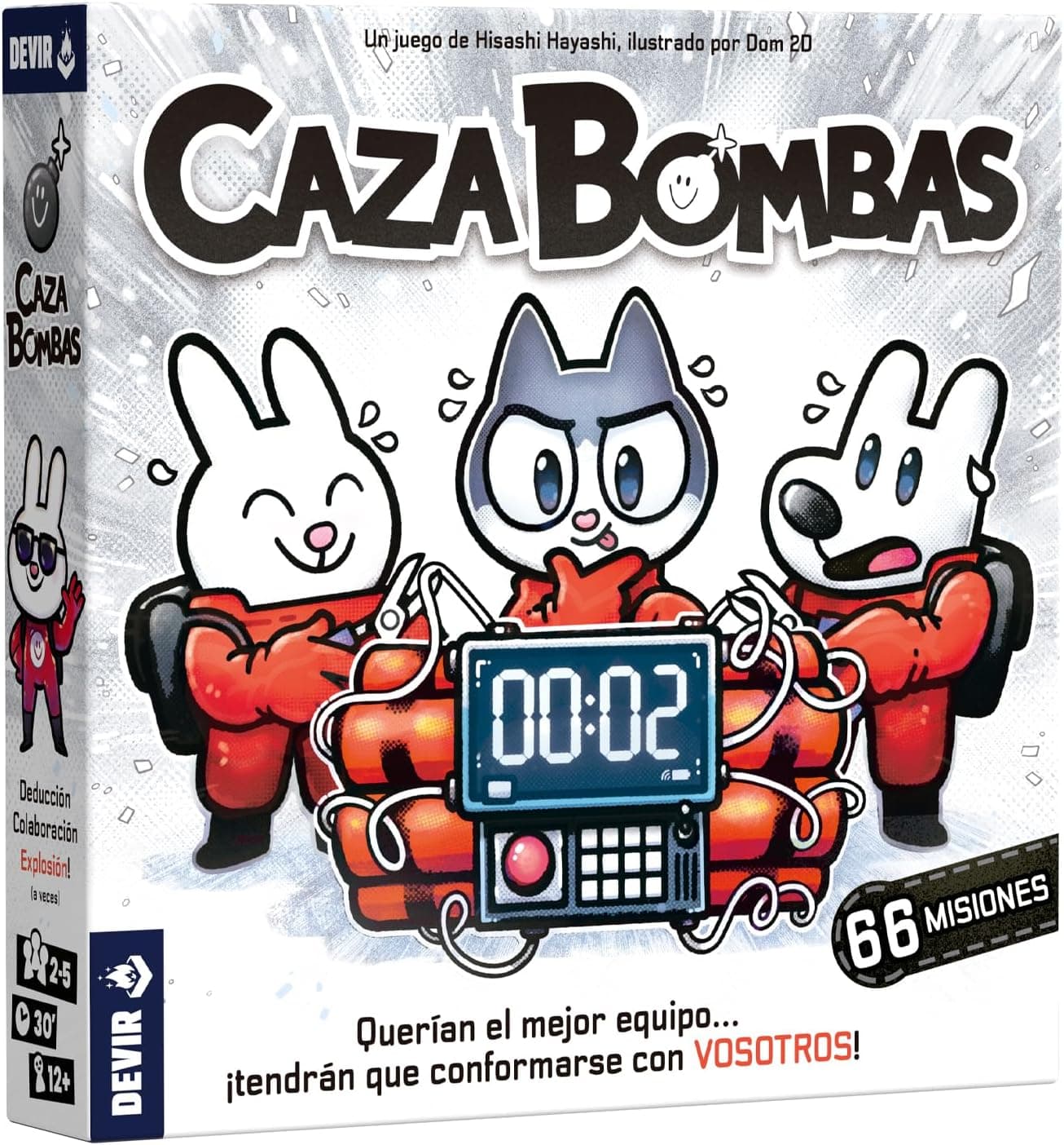 Caja de Devir Caza Bombas con la ilustración de los personajes desactivando bombas