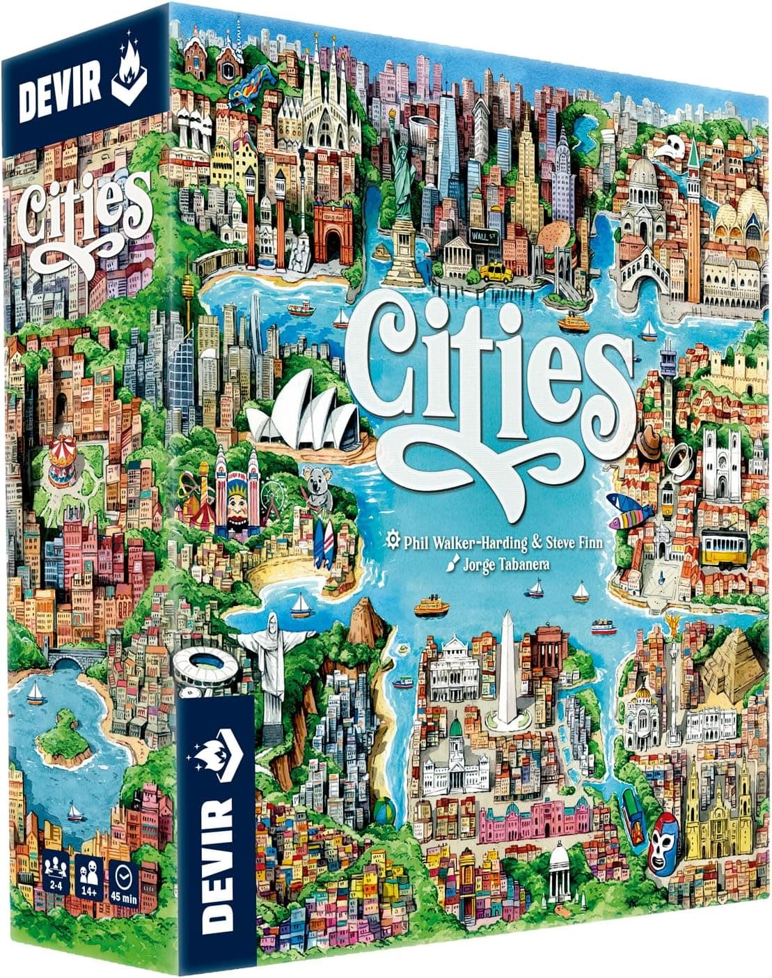 Caja de Devir Cities con la ilustración de la ciudad completa