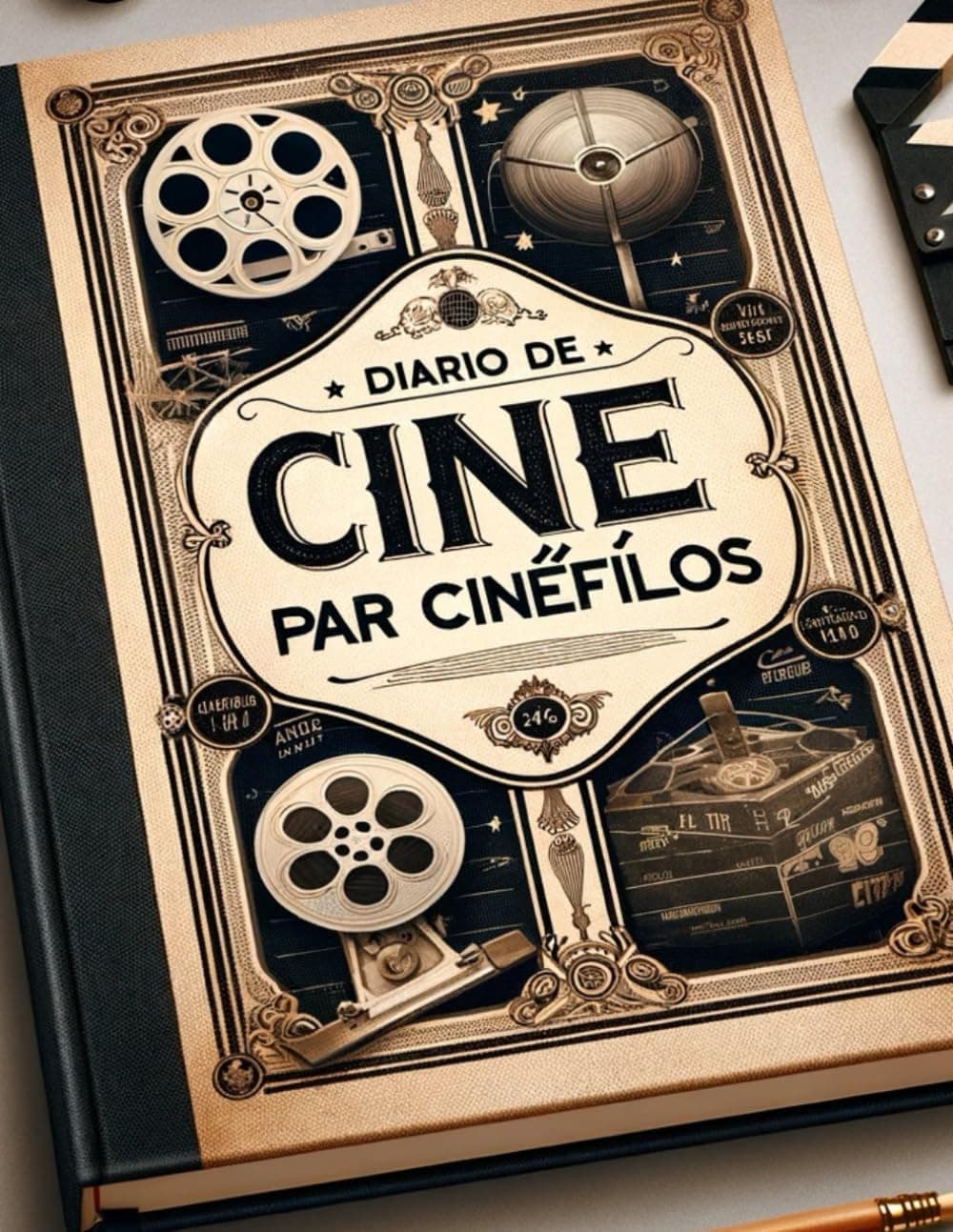 Portada beige y negra del "Diario de cine para cinéfilos" con ilustraciones vintage de rollos de película y claqueta de cine
