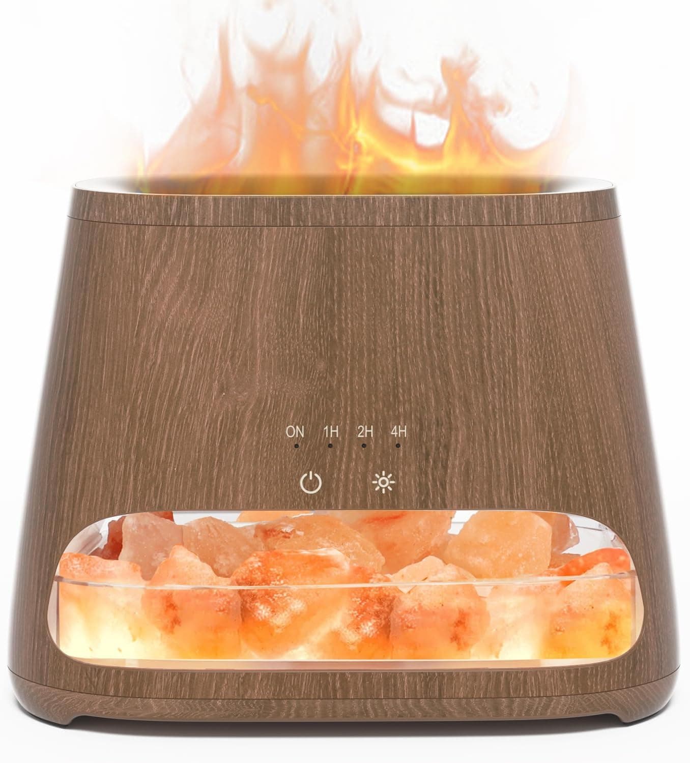 Difusor con acabado de madera oscura encendido: la llama simulada arriba y la cámara de cristales de sal rosa iluminada abajo