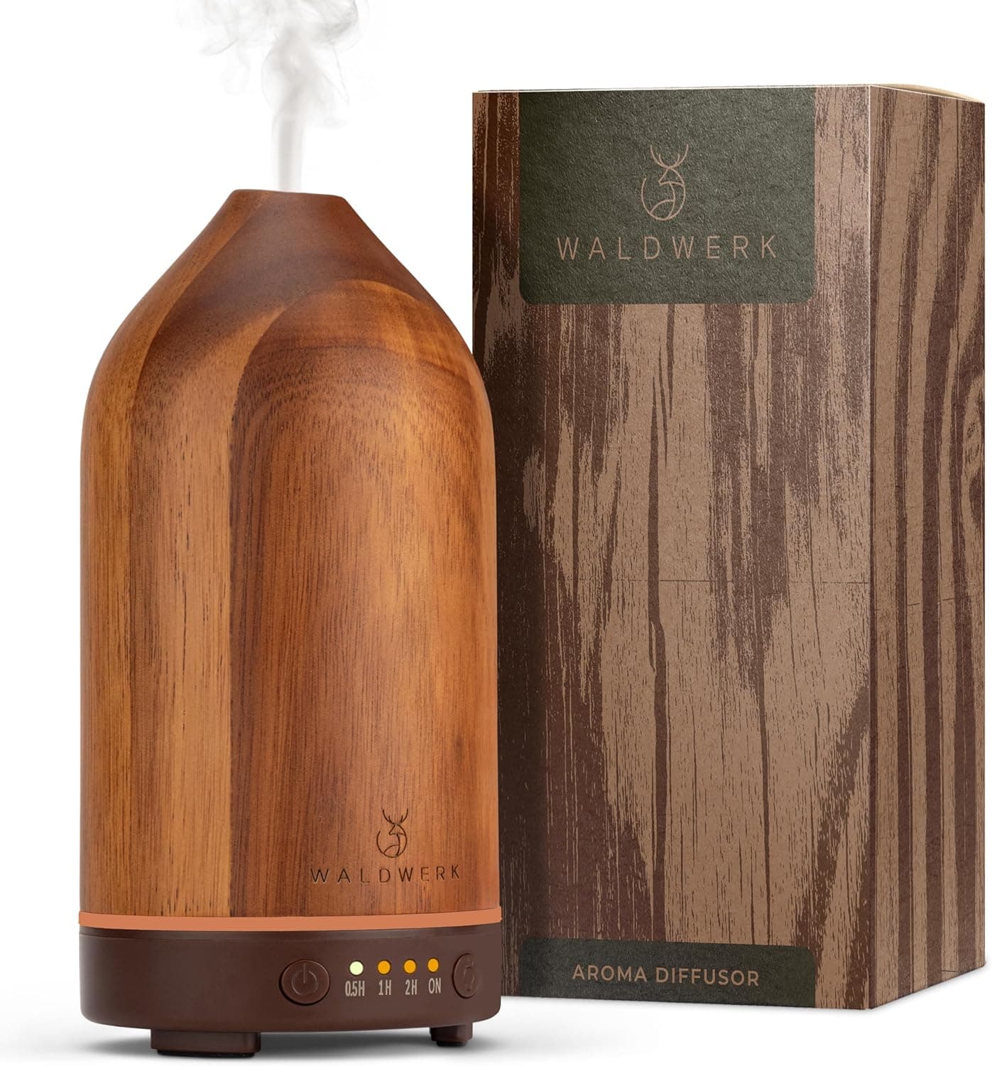 Difusor de aromas con carcasa de madera de acacia sobre una mesa