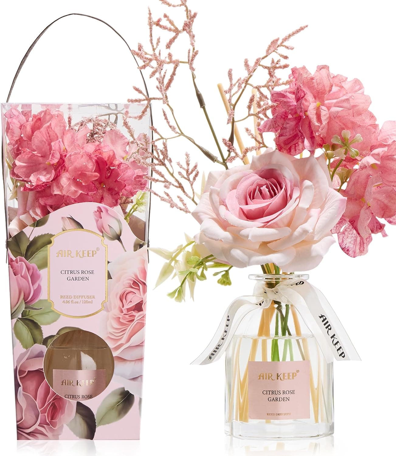Difusor de varillas con flores decorativas en caja de regalo