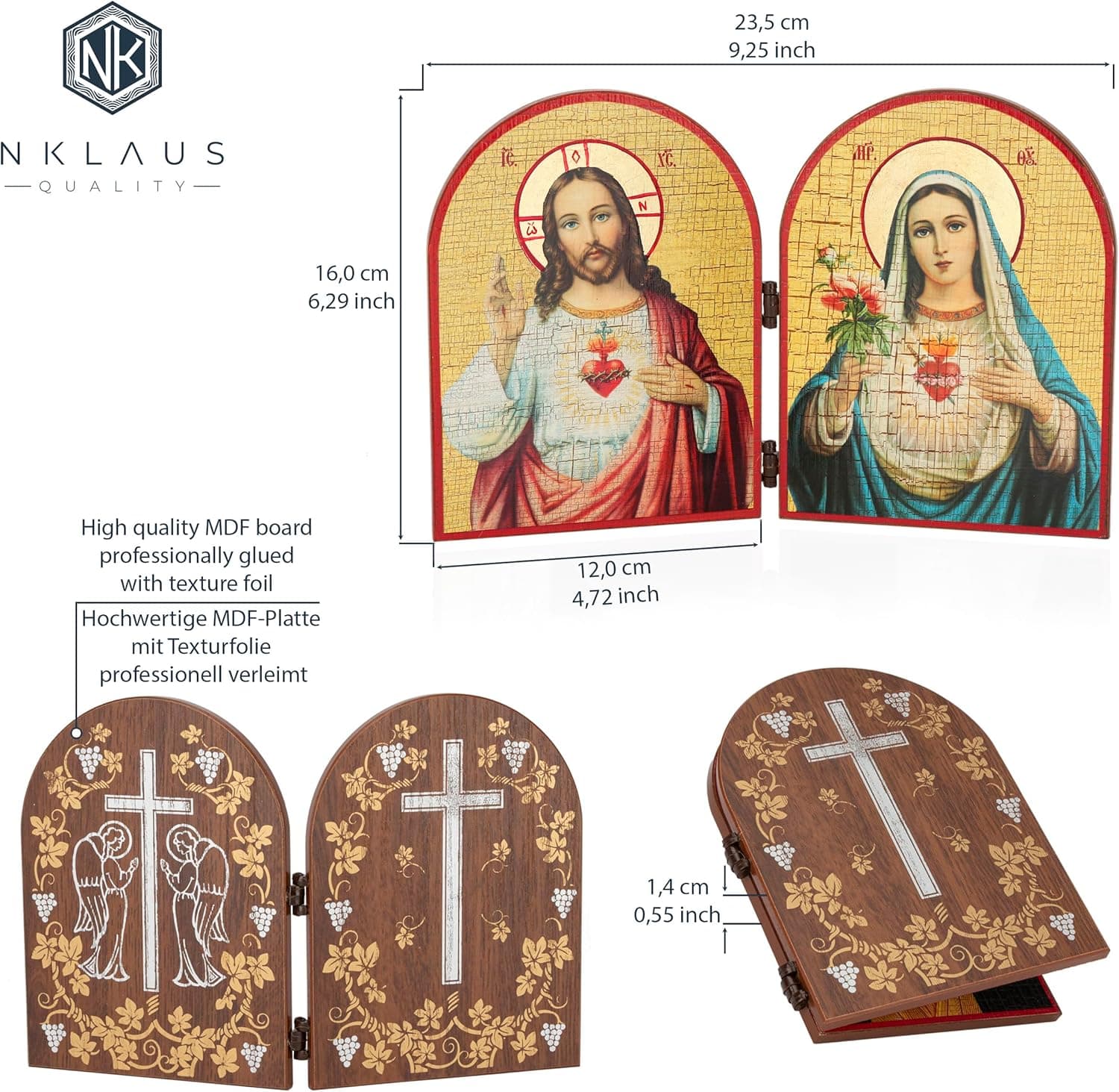 Las medidas del díptico —23,5 centímetros abierto y 16 de alto— y el reverso de madera con las dos cruces y la cenefa de vid grabadas