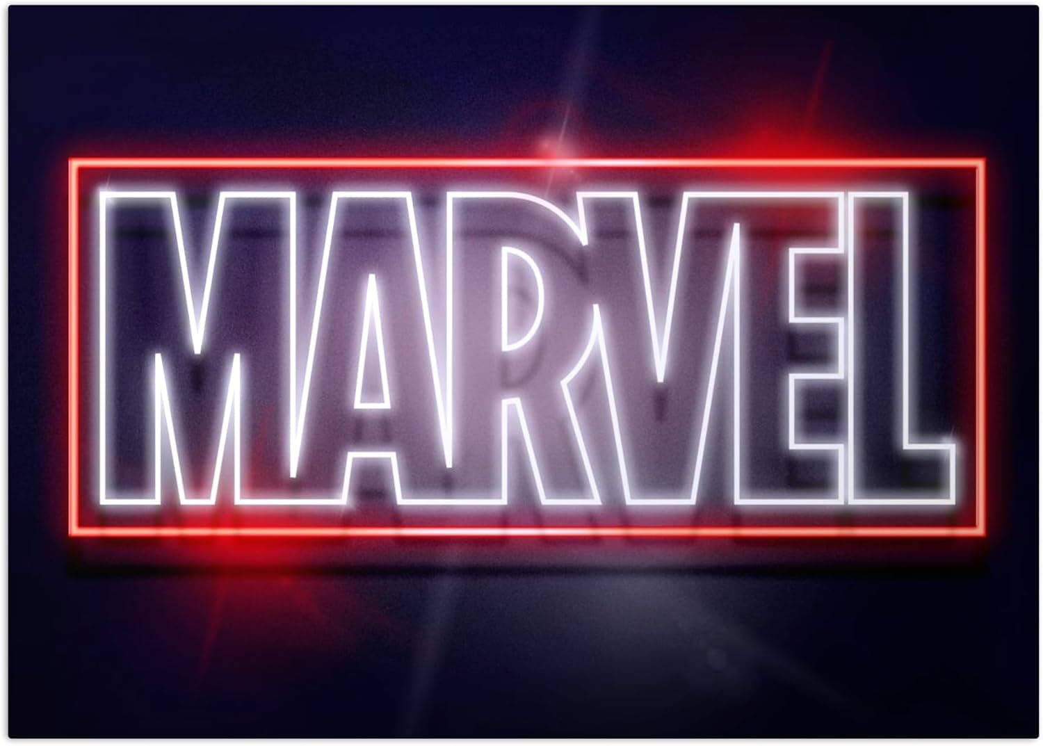 Póster de metal Displate con arte de Marvel en tonos neón, montado con imanes en una pared