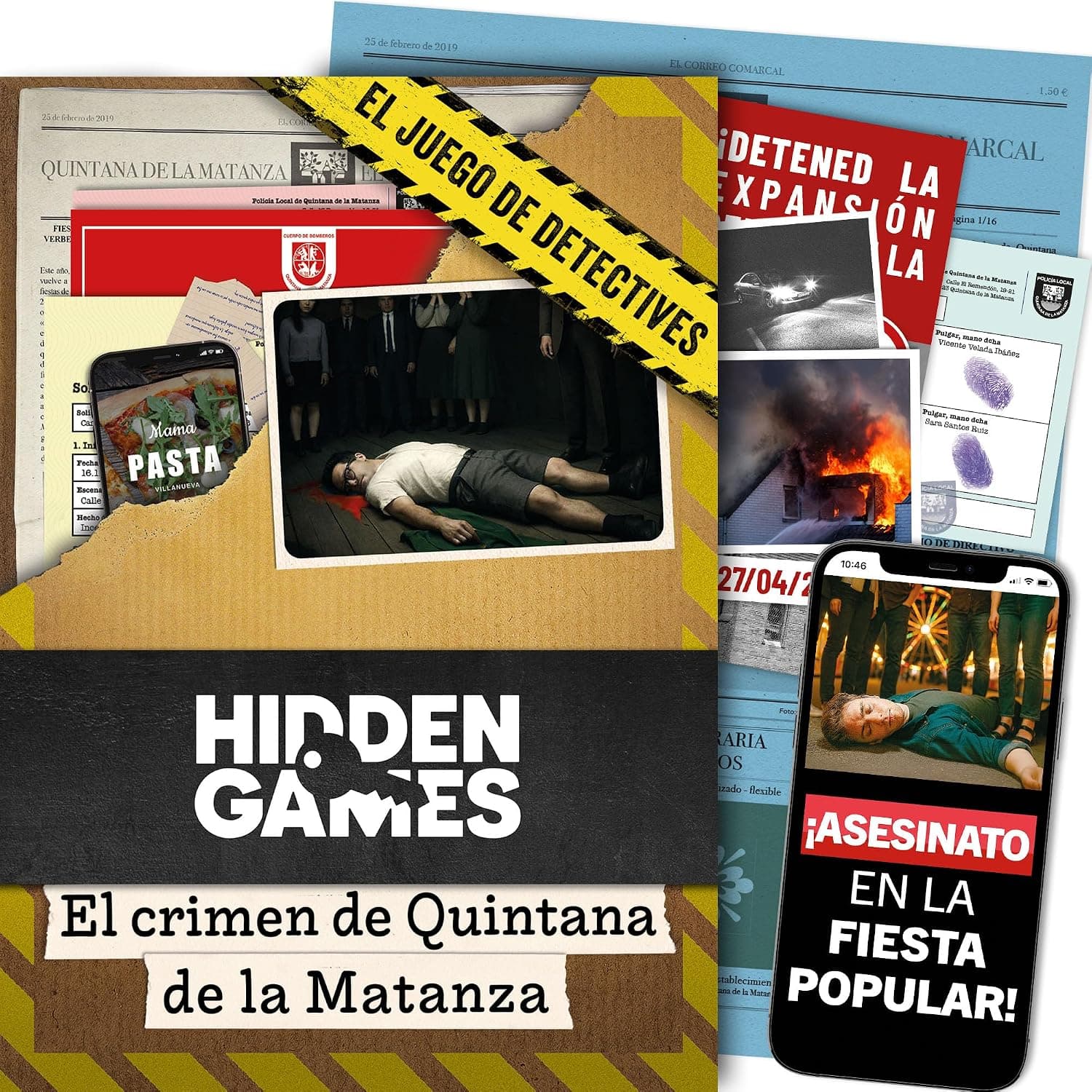 El maletín de pruebas abierto con documentos, recortes de periódico, fichas policiales y el móvil con la noticia del suceso