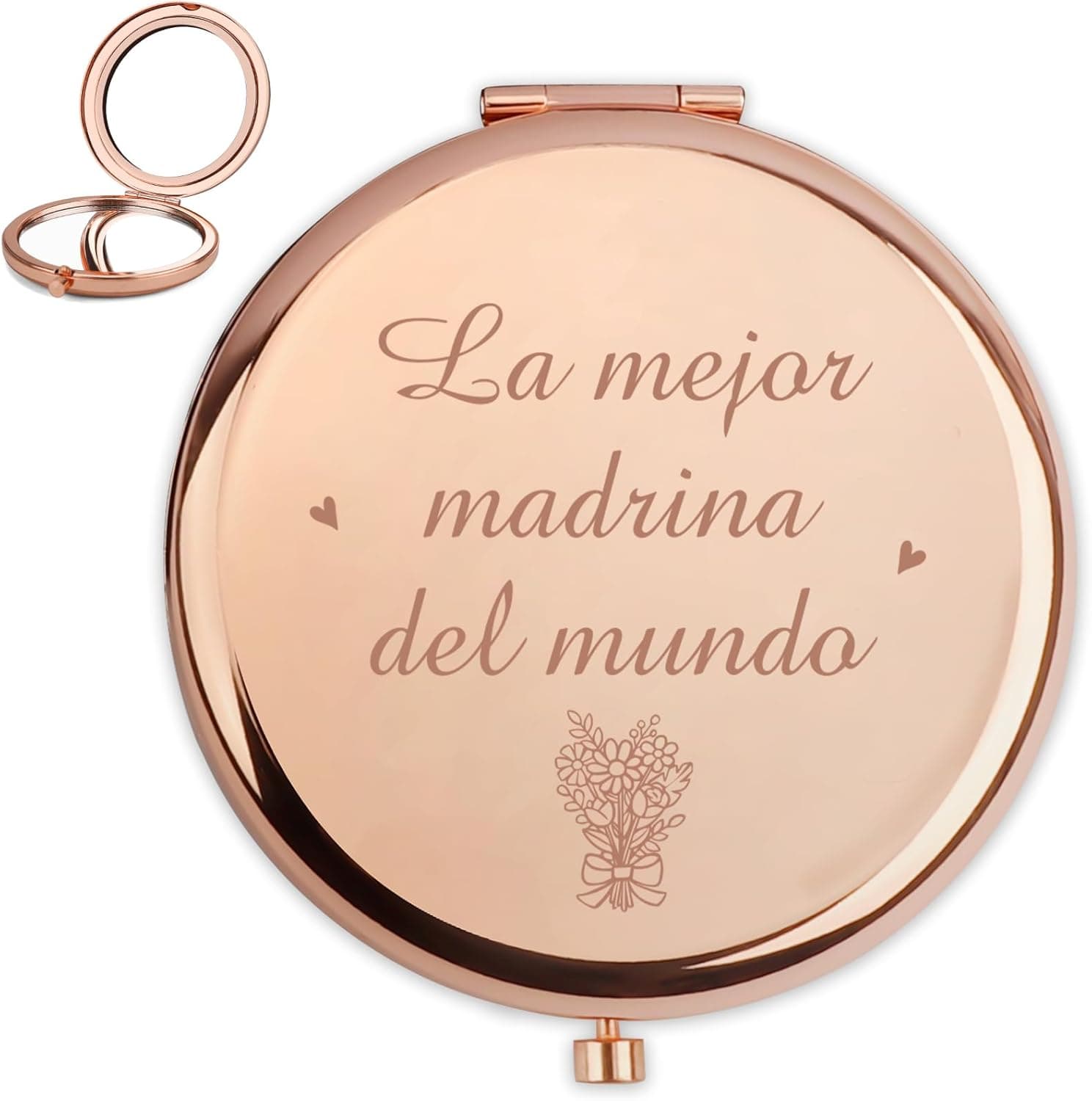 Espejo compacto plegable en acabado oro rosa grabado con la frase "La mejor madrina del mundo" y un ramo de flores | /img/regalos/espejo-compacto-regalo-madrina-2.jpg | Segunda imagen del espejo compacto para madrina