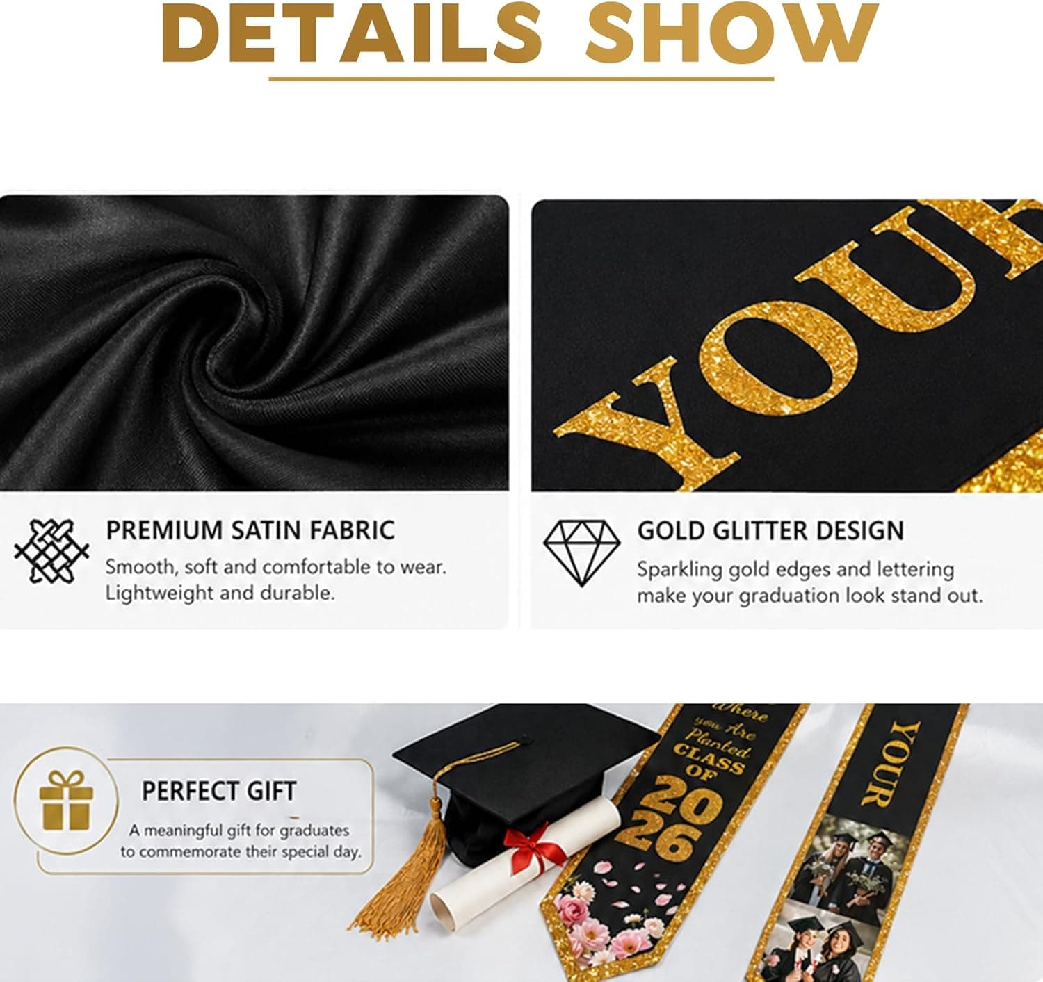 Estola de Graduación Personalizada con Fotos, Negra y Dorada, foto 2