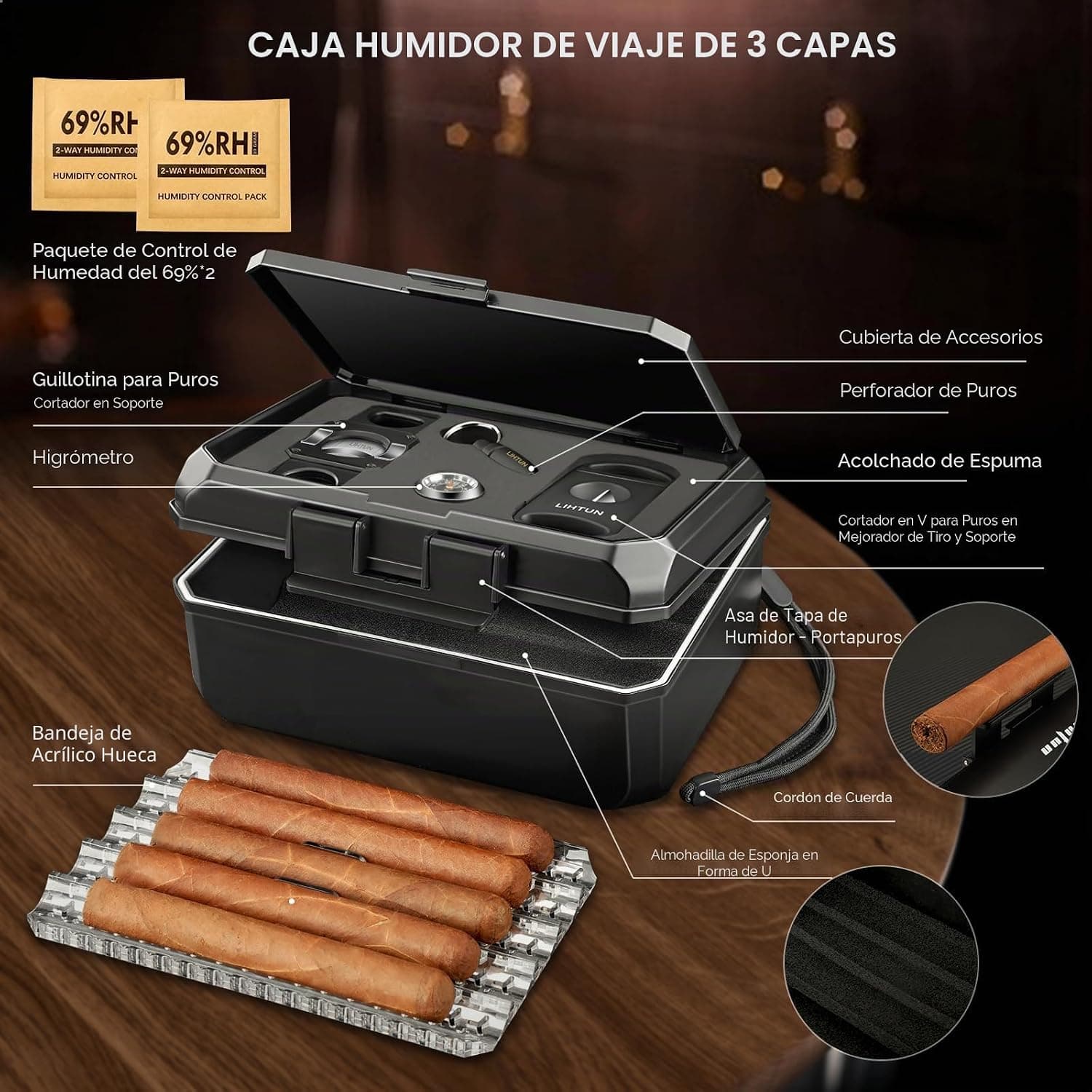 Vista de la capa inferior del estuche con los puros colocados