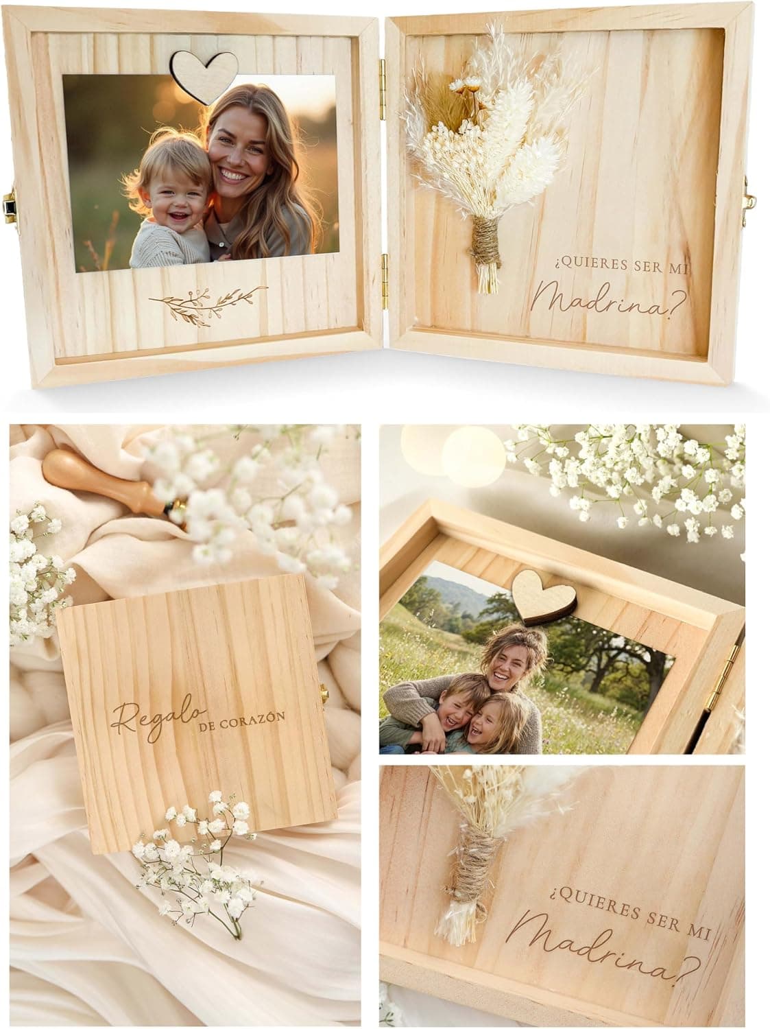 Montaje del fabricante: la caja de madera abierta como un libro con una foto de una mujer y un niño a la izquierda y un ramillete de flores secas blancas con «¿quieres ser mi madrina?» grabado a la derecha, y tres vistas más de la caja cerrada con «regalo de corazón» grabado en la tapa