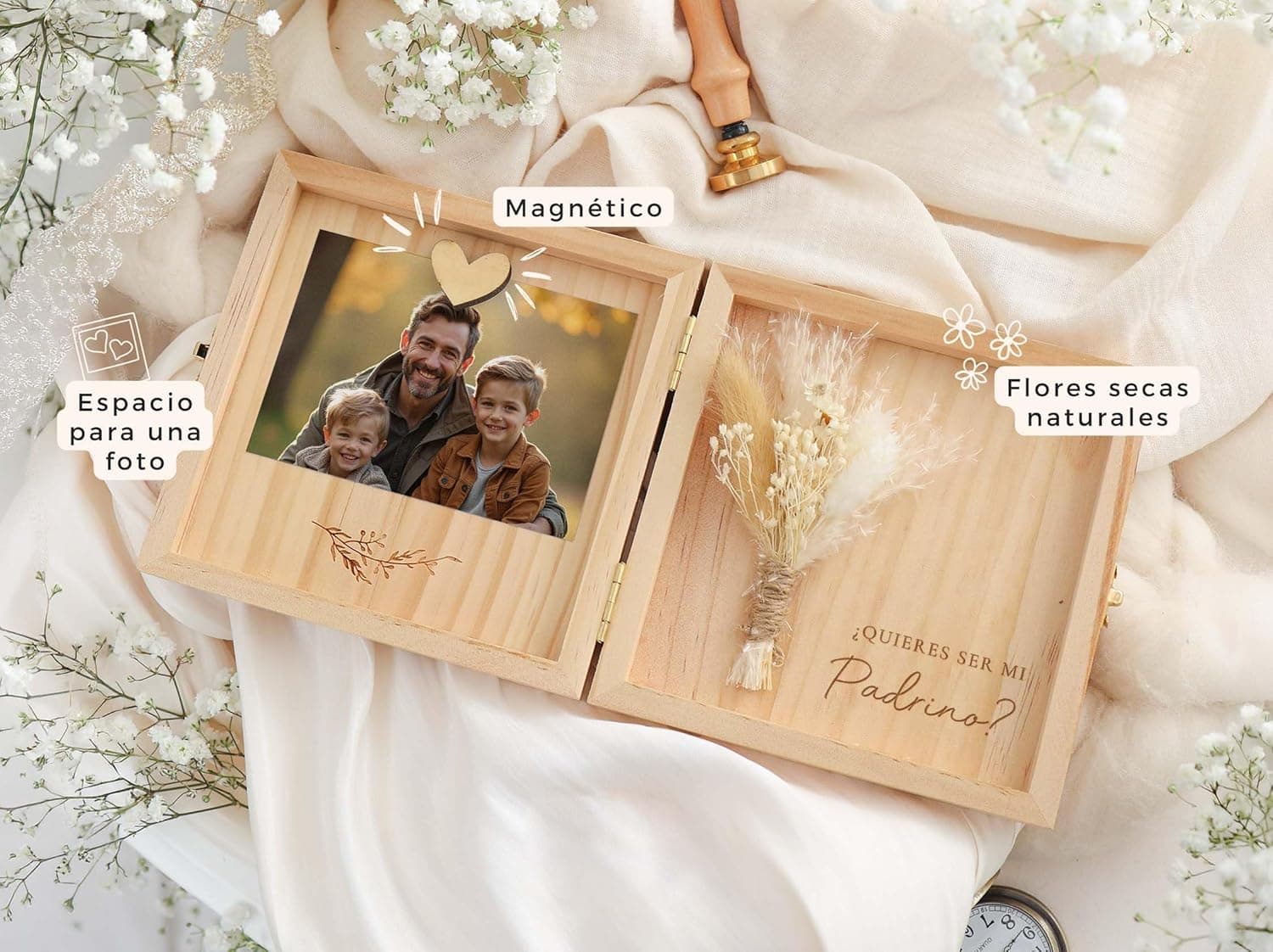 Estuche de Madera para Pedir Padrino con Flores Secas, foto 2