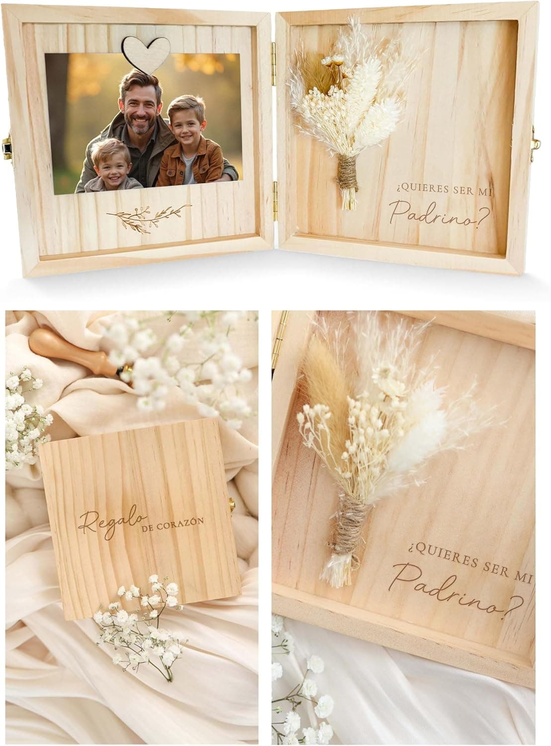 Estuche de madera con flores secas naturales y hueco para colocar una fotografía