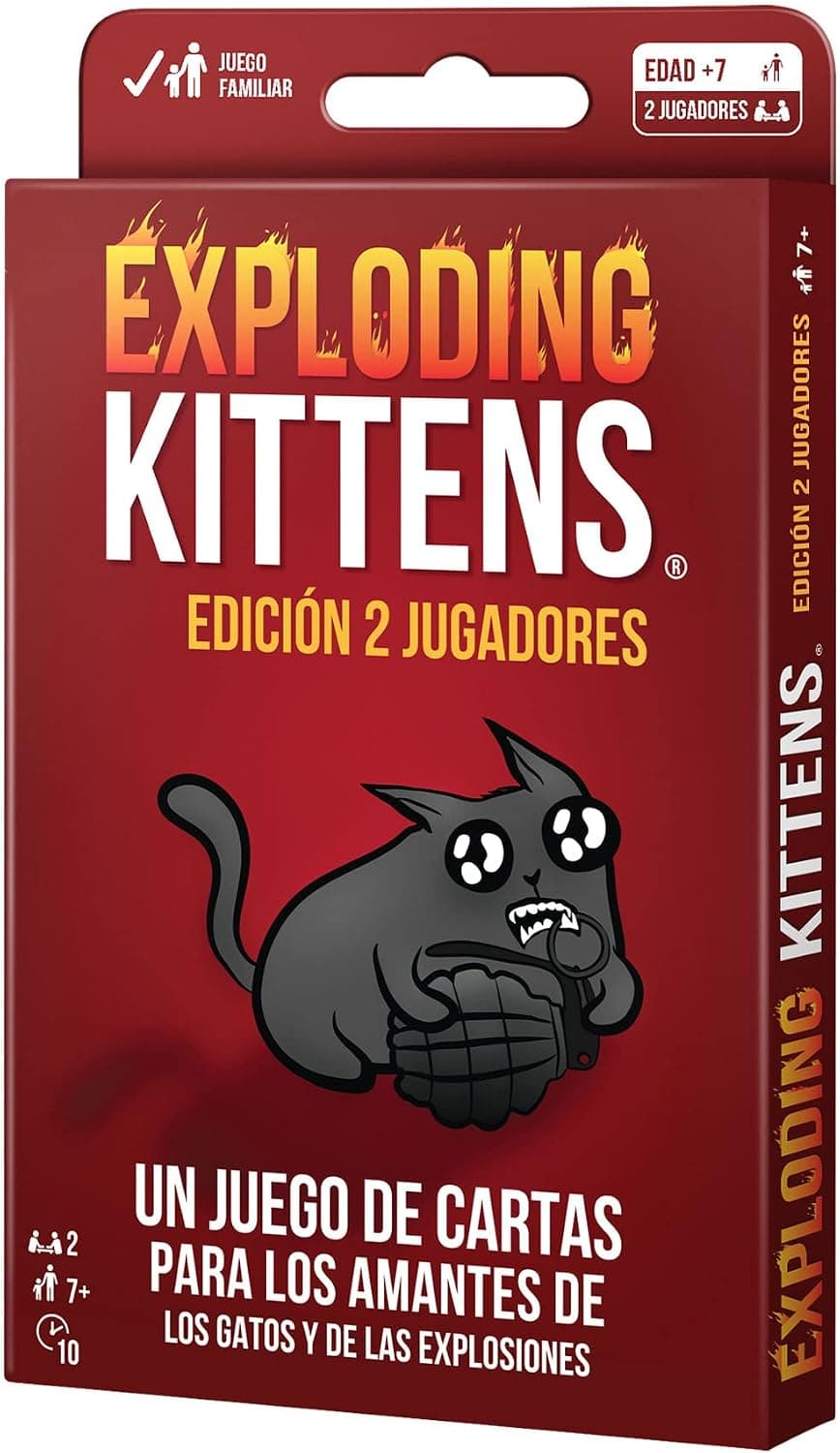 Caja de Exploding Kittens edición 2 jugadores con el gato explosivo de la portada