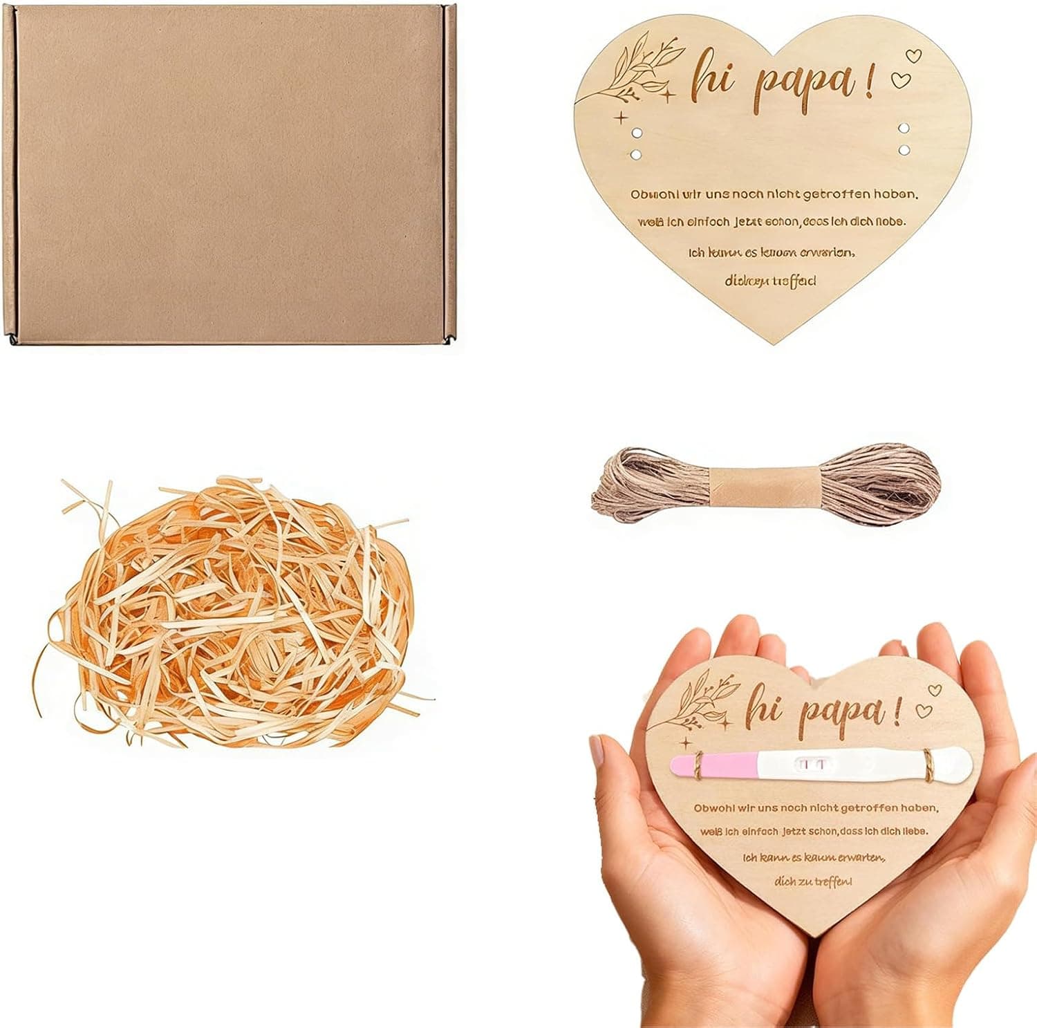 Ficha de madera grabada dentro de su caja, con cuerda natural, para anunciar el embarazo