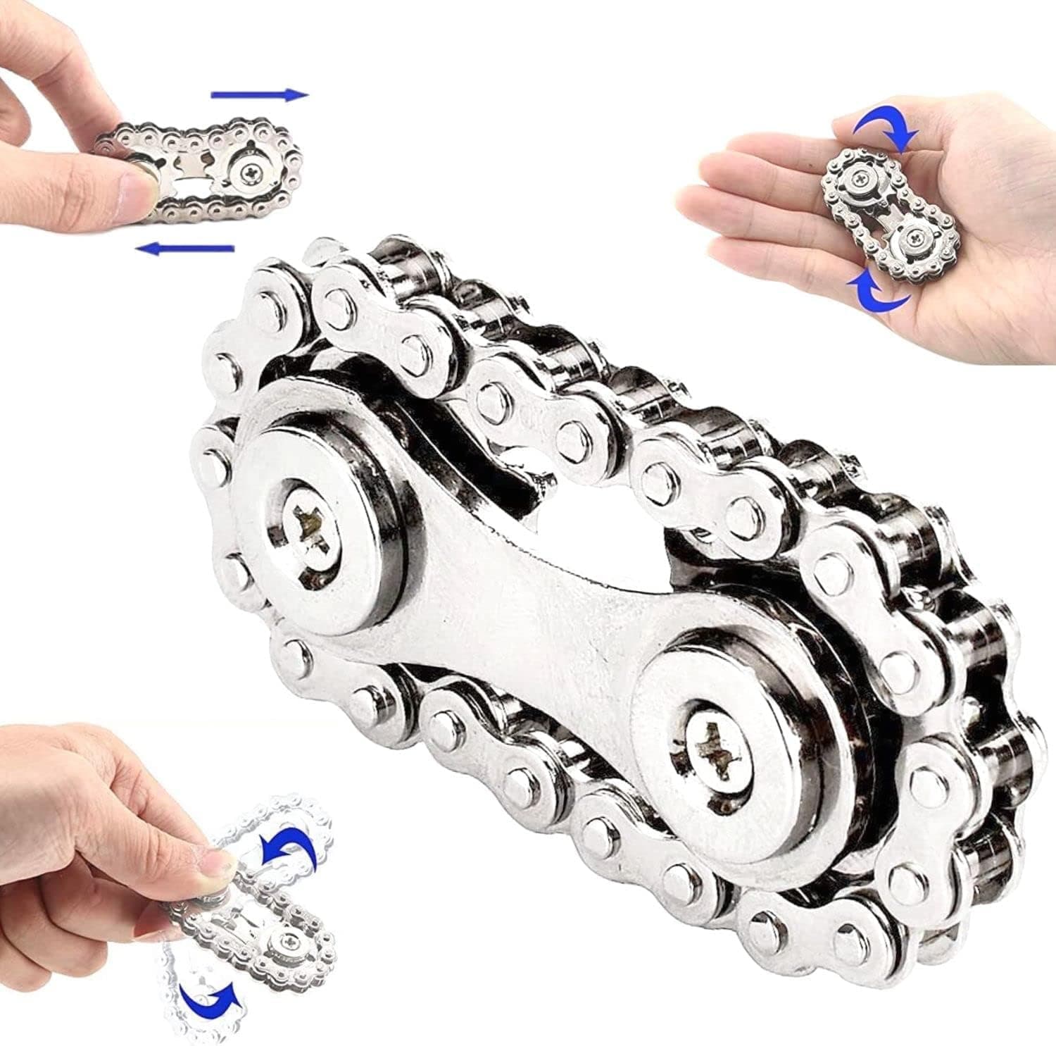 Fidget metálico de cadena de bicicleta plateado sobre fondo blanco