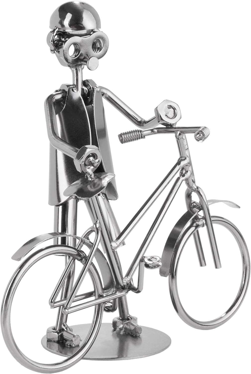 Figura decorativa de metal con forma de ciclista sobre su bicicleta, sobre fondo blanco