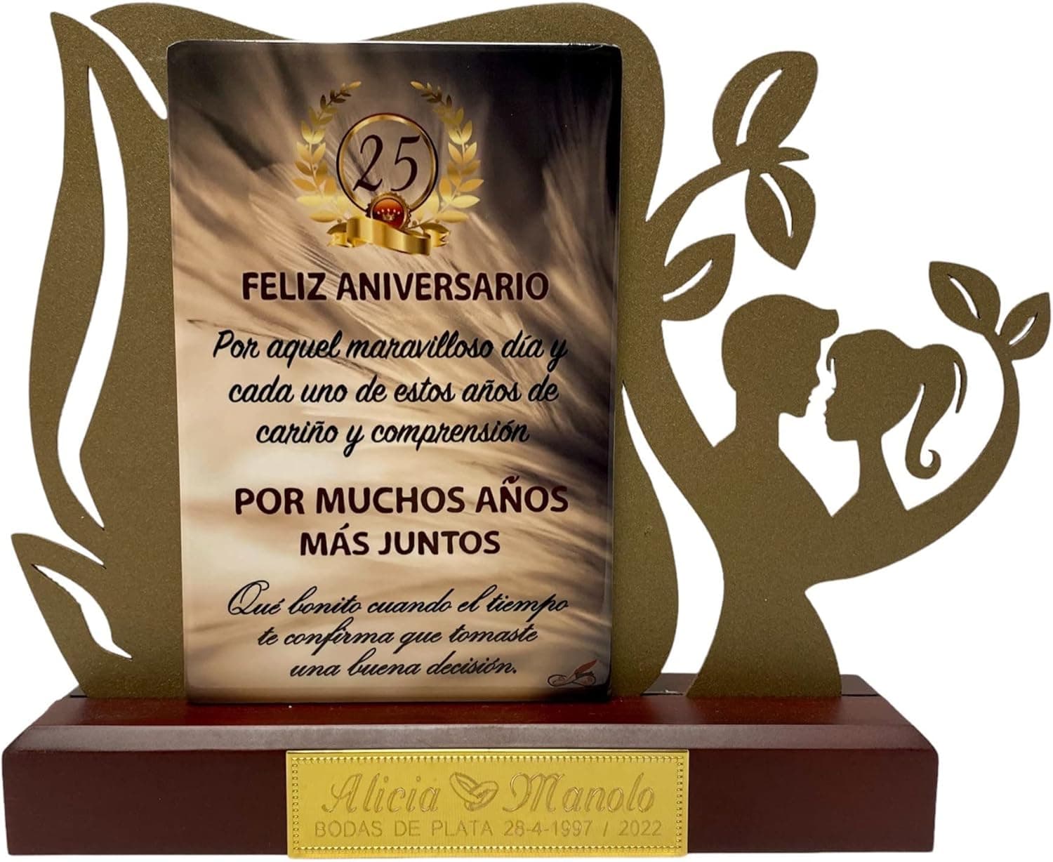 Figura decorativa de metal con una dedicatoria grabada, para bodas de plata