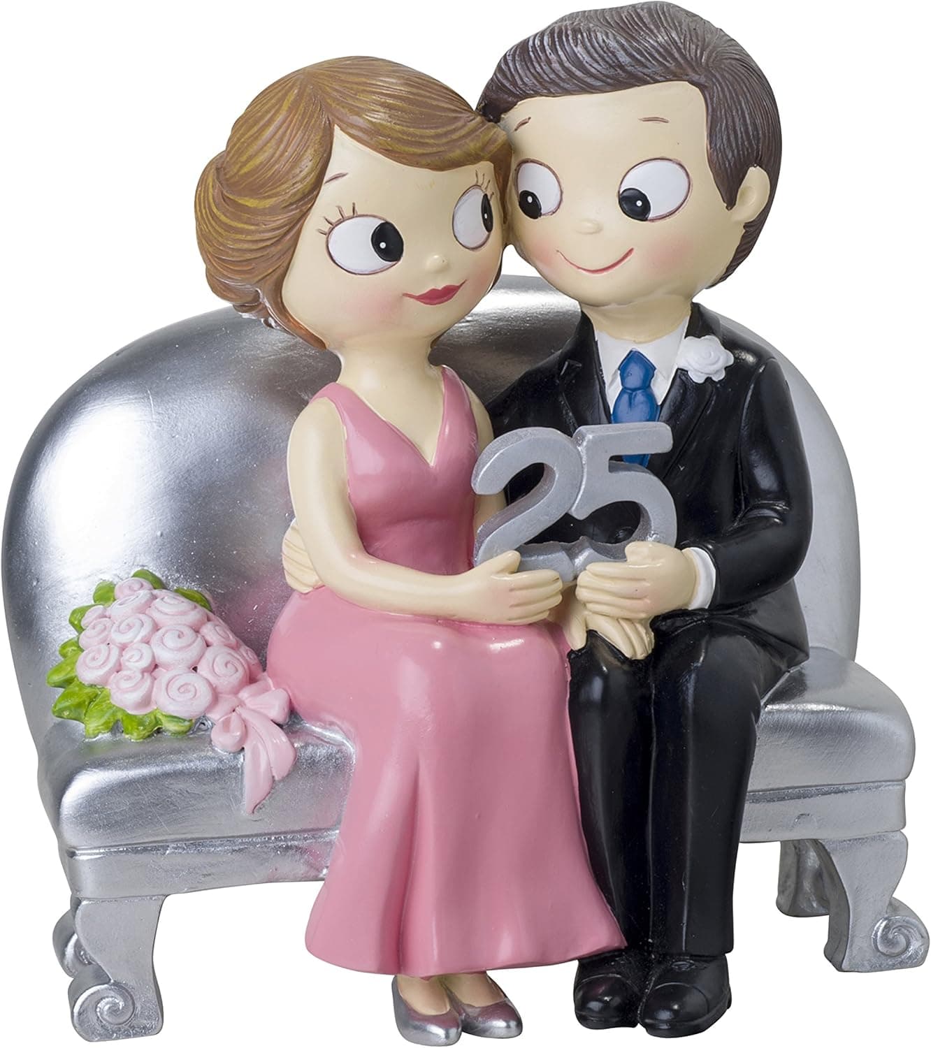 Figura plateada de una pareja sentada para bodas de plata