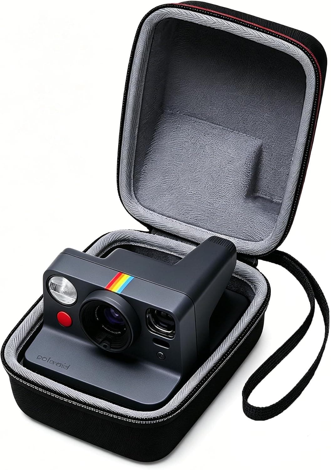 La funda negra XANAD abierta con la cámara Polaroid Now encajada dentro