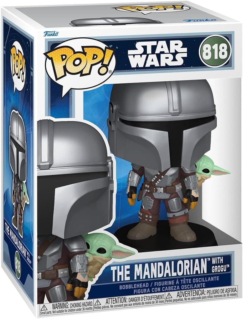 La caja del Pop número 818, «The Mandalorian with Grogu», con la ventana transparente