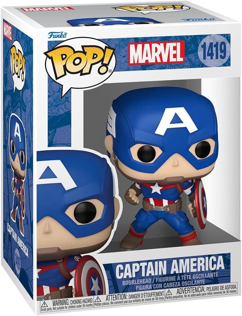 Funko Pop del Capitán América con el escudo, en el traje azul y rojo clásico del cómic