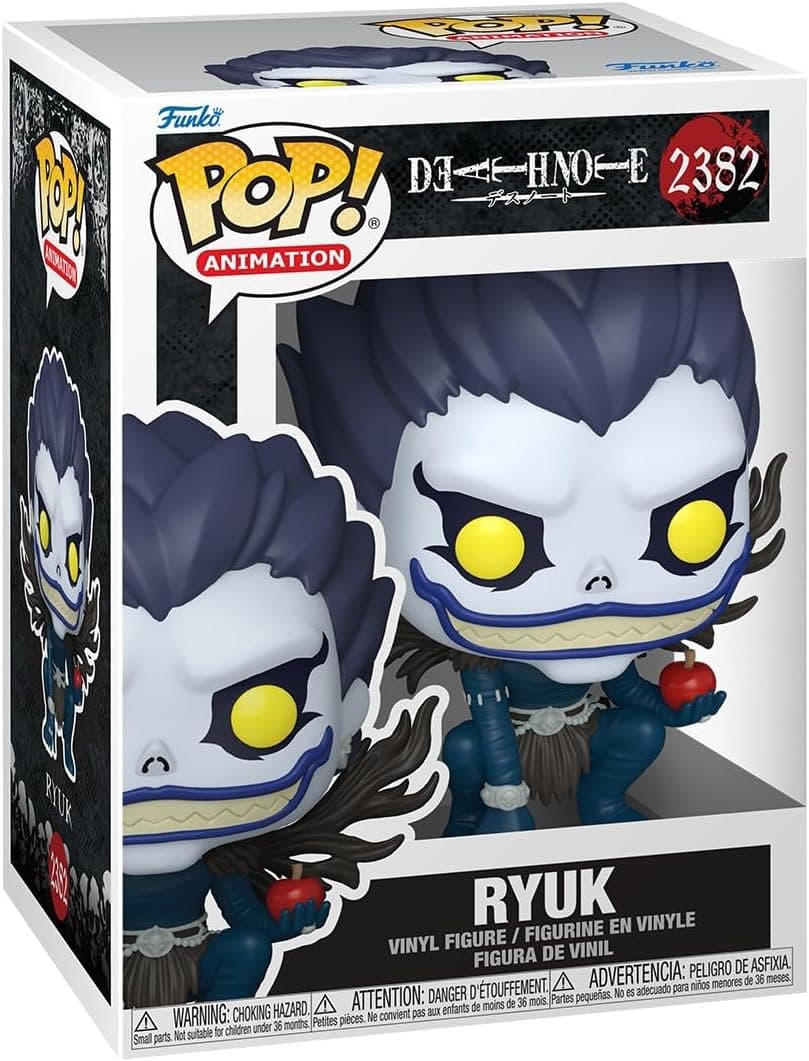 La caja del Pop número 2382 con Ryuk agachado y sonriendo, con una manzana en la mano
