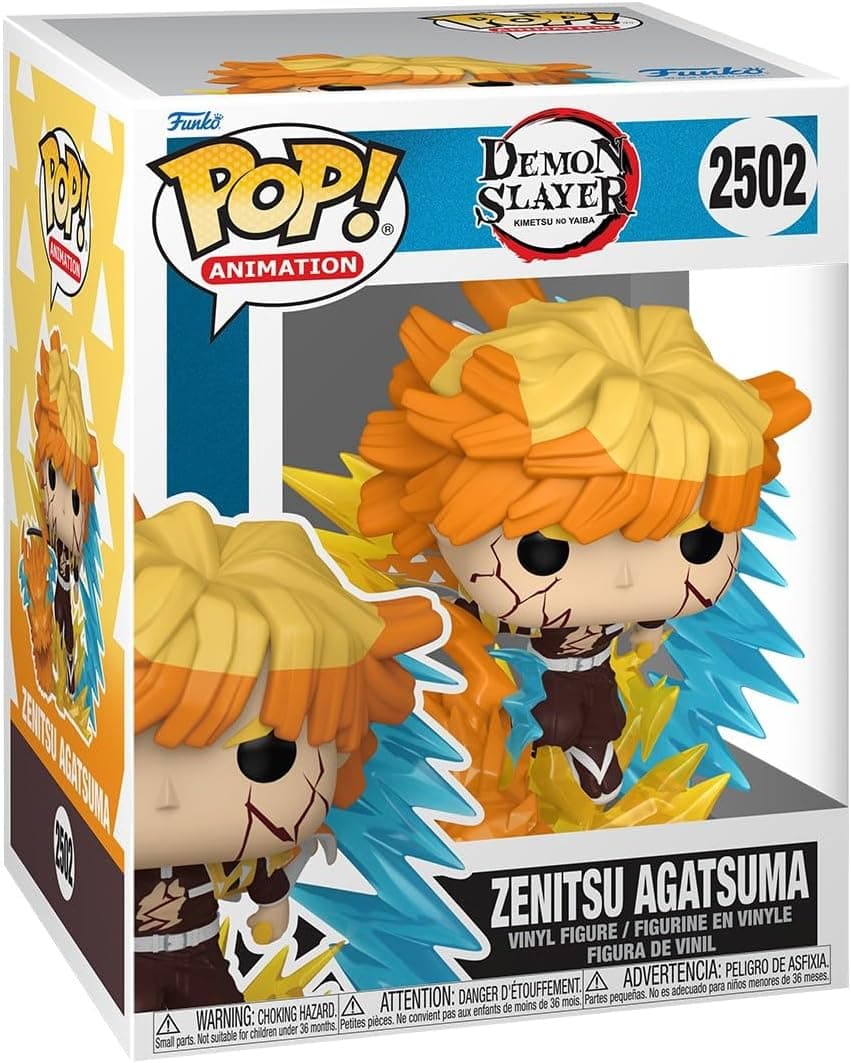 La caja del Pop número 2502 con Zenitsu Agatsuma rodeado de rayos amarillos y azules