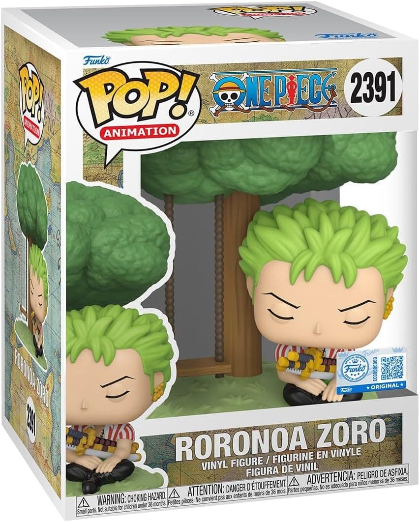 La caja de la figura Pop número 2391 con Zoro dormido bajo un árbol con columpio