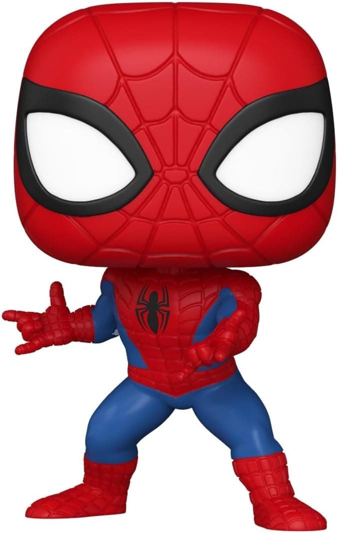 La figura de Spider-Man con el traje rojo y azul, agachada y con la mano lanzando telaraña