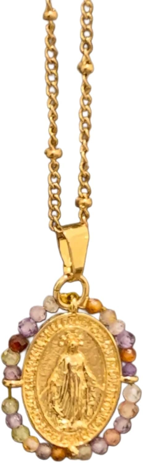 Gargantilla de bolitas multicolor con medalla de la Virgen Milagrosa