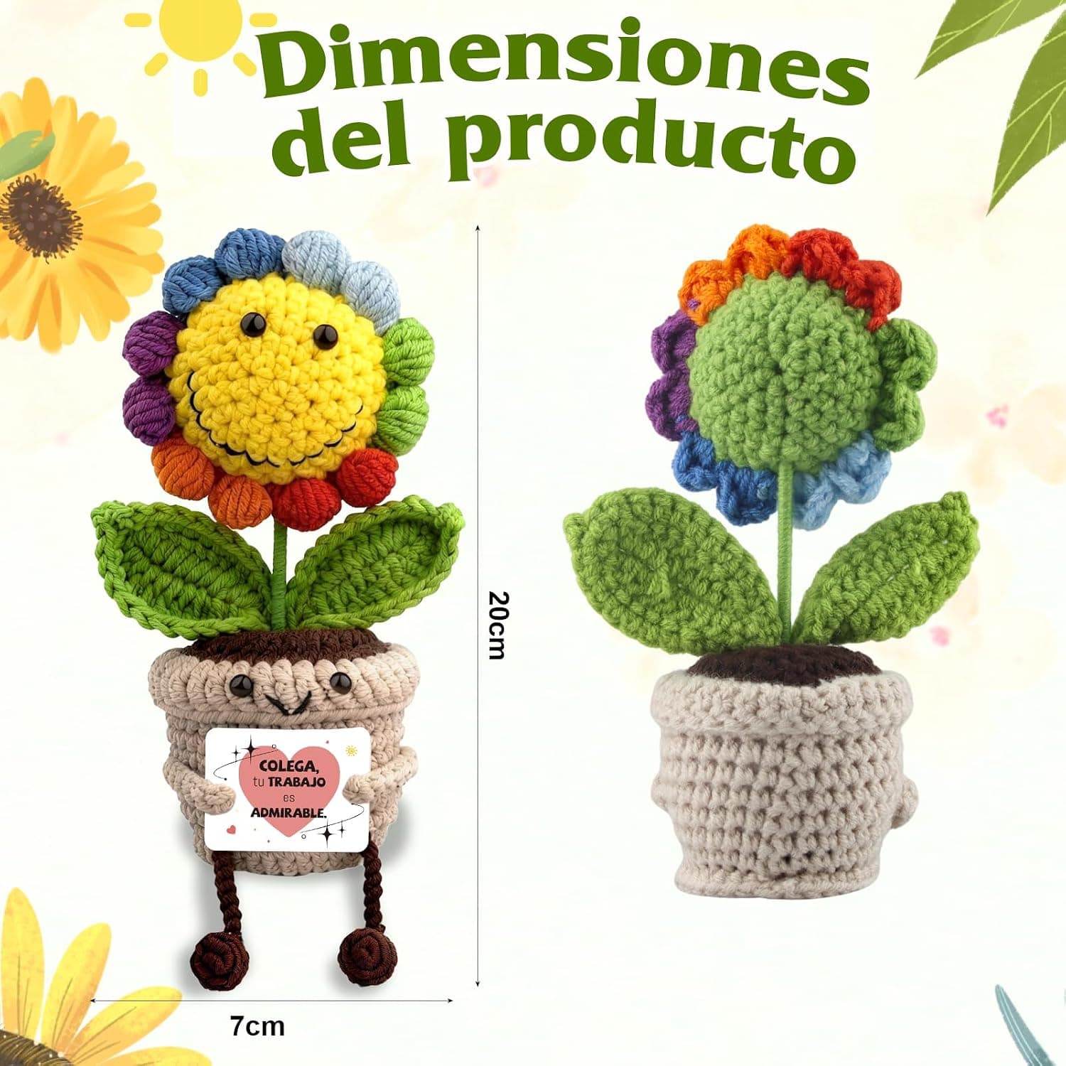 El mismo girasol visto de cerca, con el tejido a mano de los pétalos, las hojas y la maceta con cara