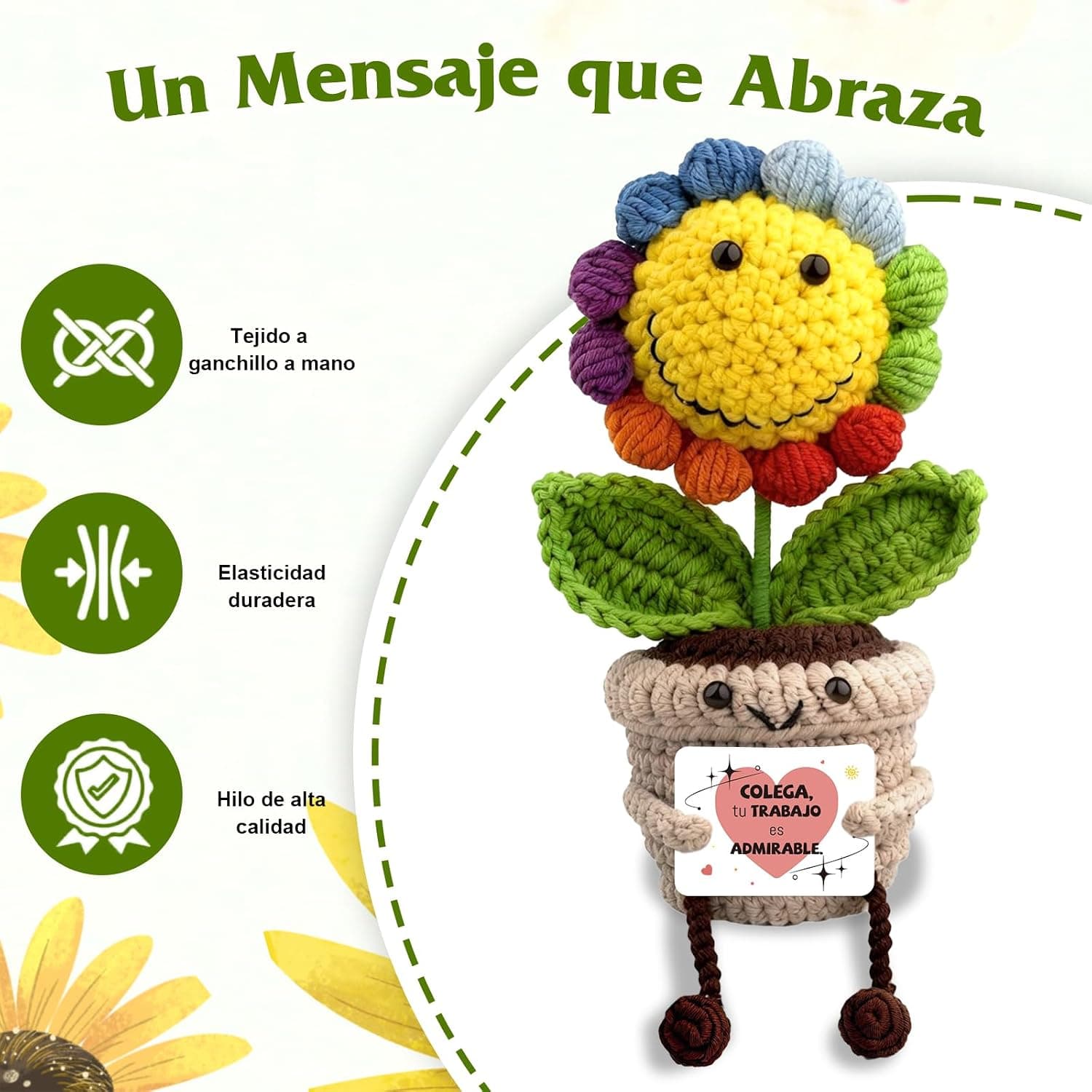 Girasol de ganchillo con tarjeta "colega, tu trabajo es admirable", foto 3