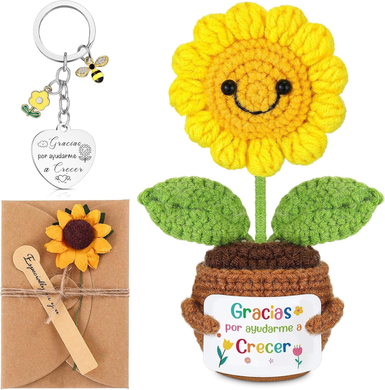 Set de regalo para profesora con girasol de ganchillo, llavero y tarjeta
