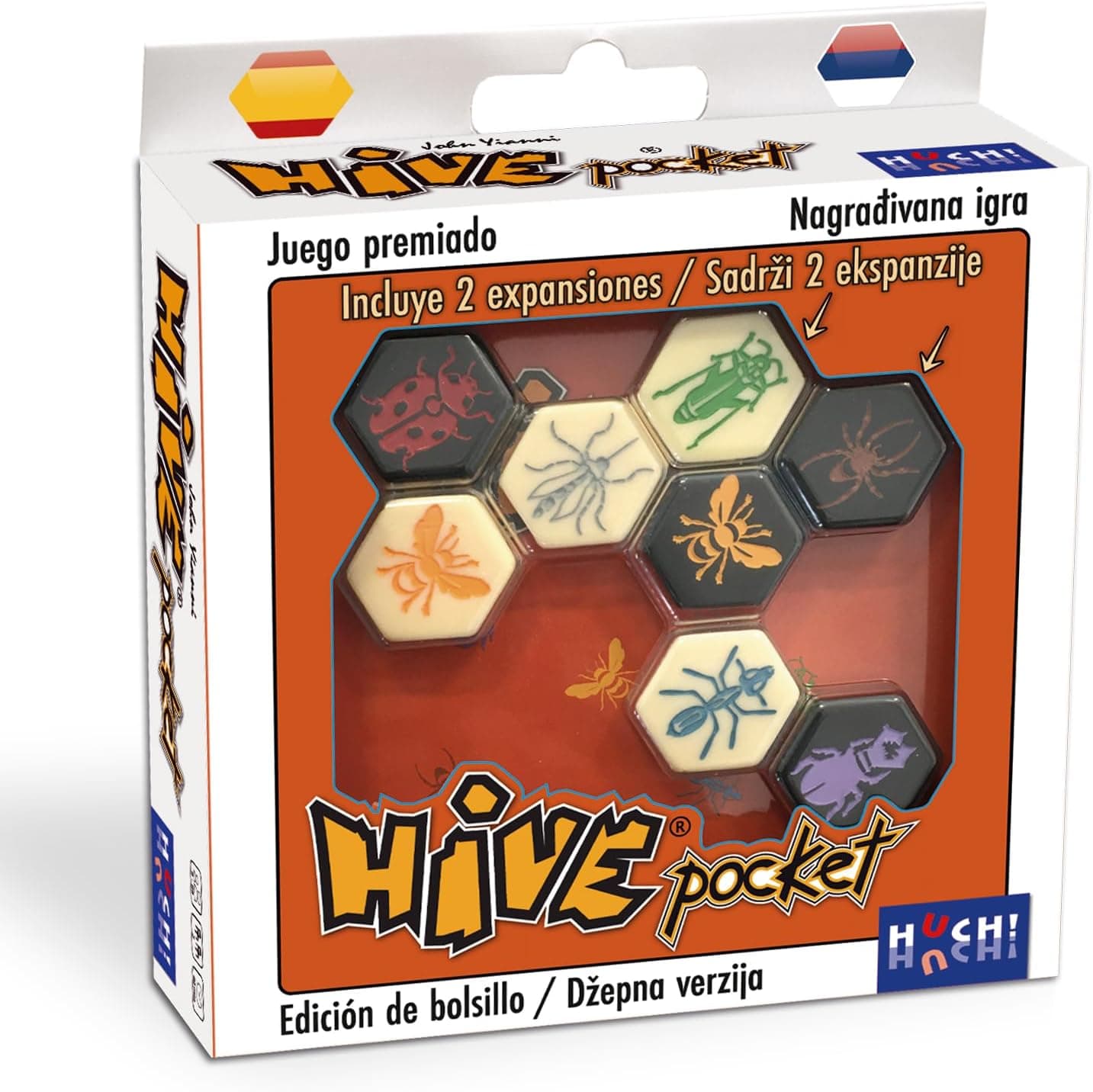 Caja de Hive Pocket con las fichas hexagonales de insectos de la portada