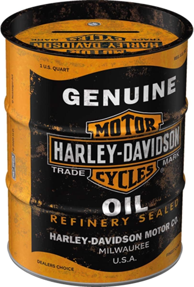 Hucha metálica naranja y negra con diseño de bidón de aceite vintage Harley-Davidson