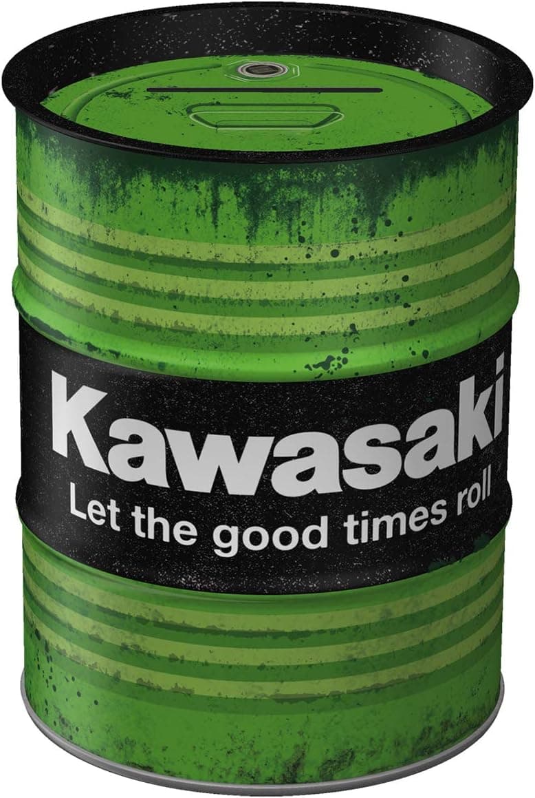 Hucha metálica verde con diseño de bidón vintage Kawasaki "Let the good times roll"
