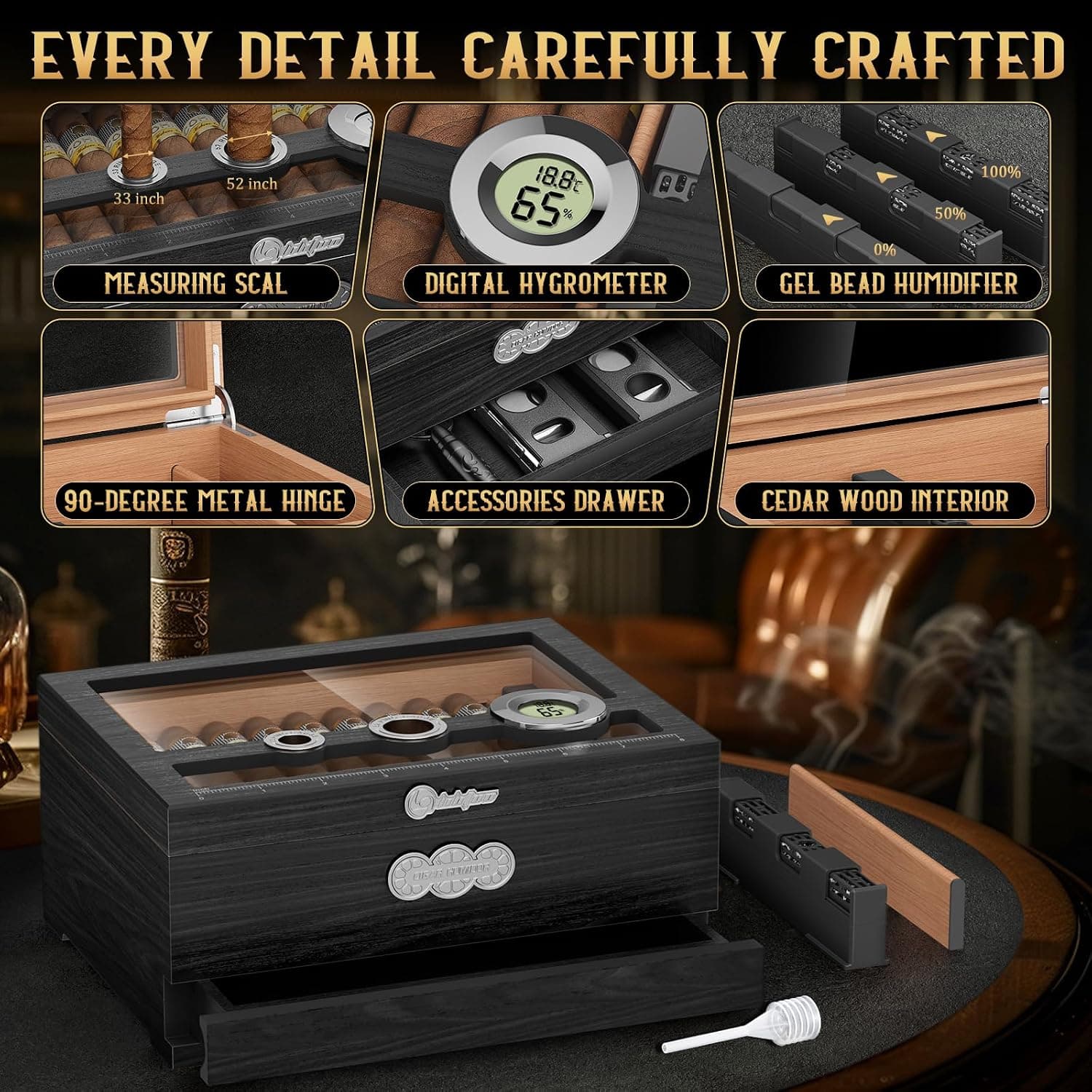LIHTUN Humidor de Escritorio con Tapa de Cristal y Regla de Cepos, foto 3