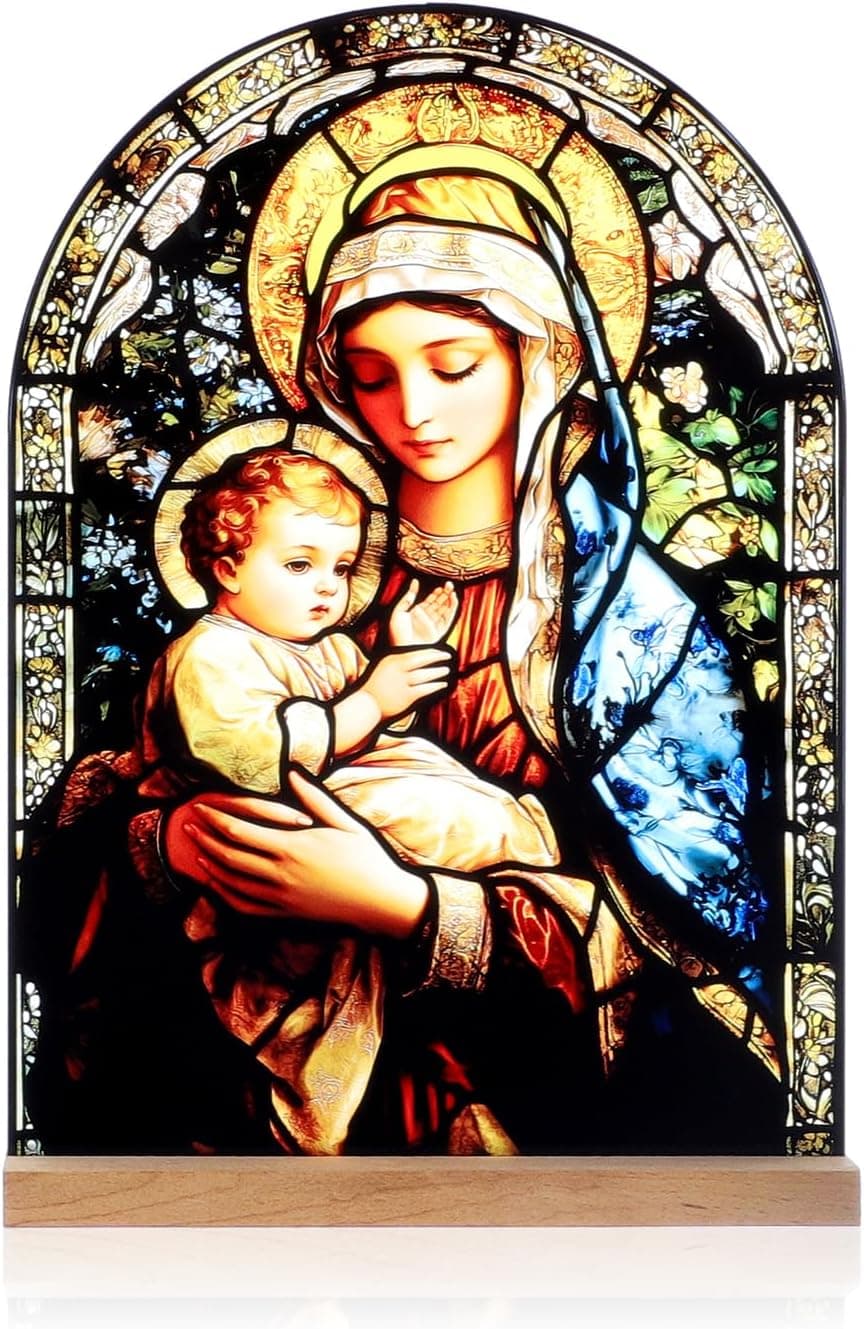 Icono acrílico de la Virgen María de pie para un altar doméstico