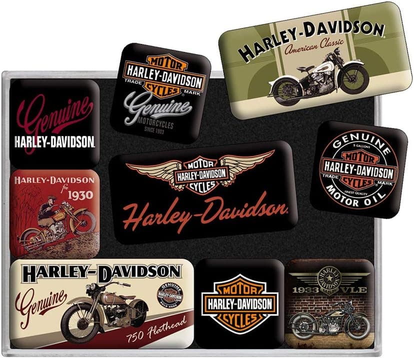 Set de 9 imanes retro con diseños de Harley-Davidson en su caja transparente
