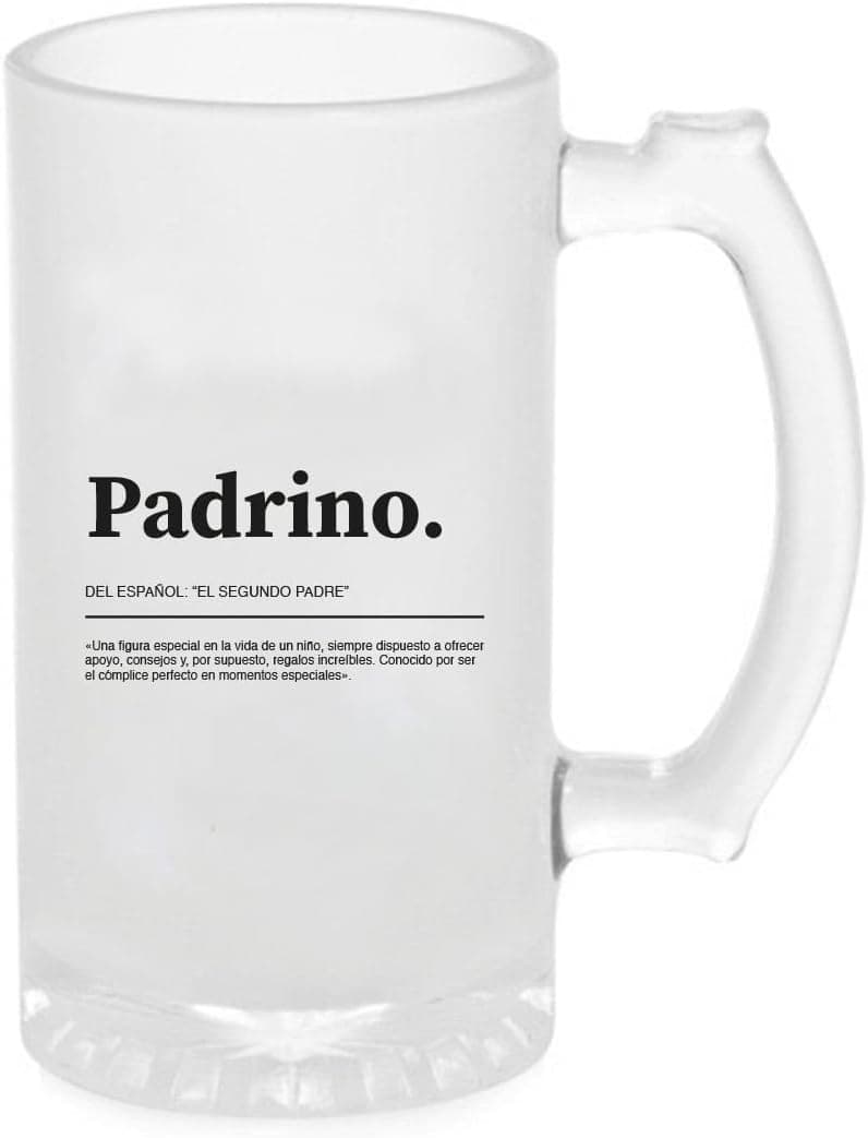 Jarra de cerveza de cristal esmerilado con la palabra "Padrino" impresa junto a su definición estilo diccionario