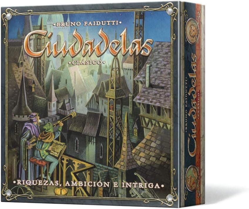 Caja del juego de cartas Ciudadelas Clásico con la ilustración de una ciudad medieval