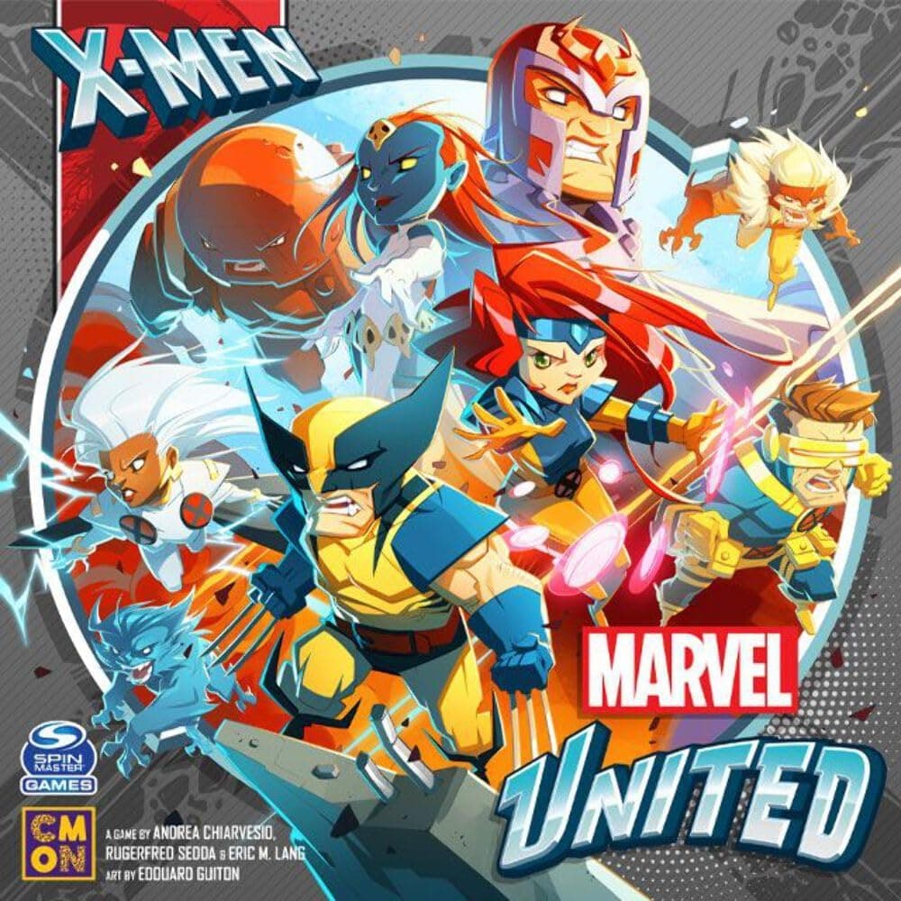 Caja de Marvel United X-Men con las miniaturas del Profesor X y los X-Men junto al tablero
