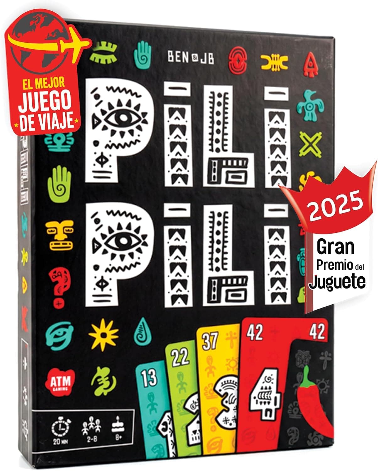Caja del juego de cartas Pili Pili con las cartas de misión y de juego desplegadas