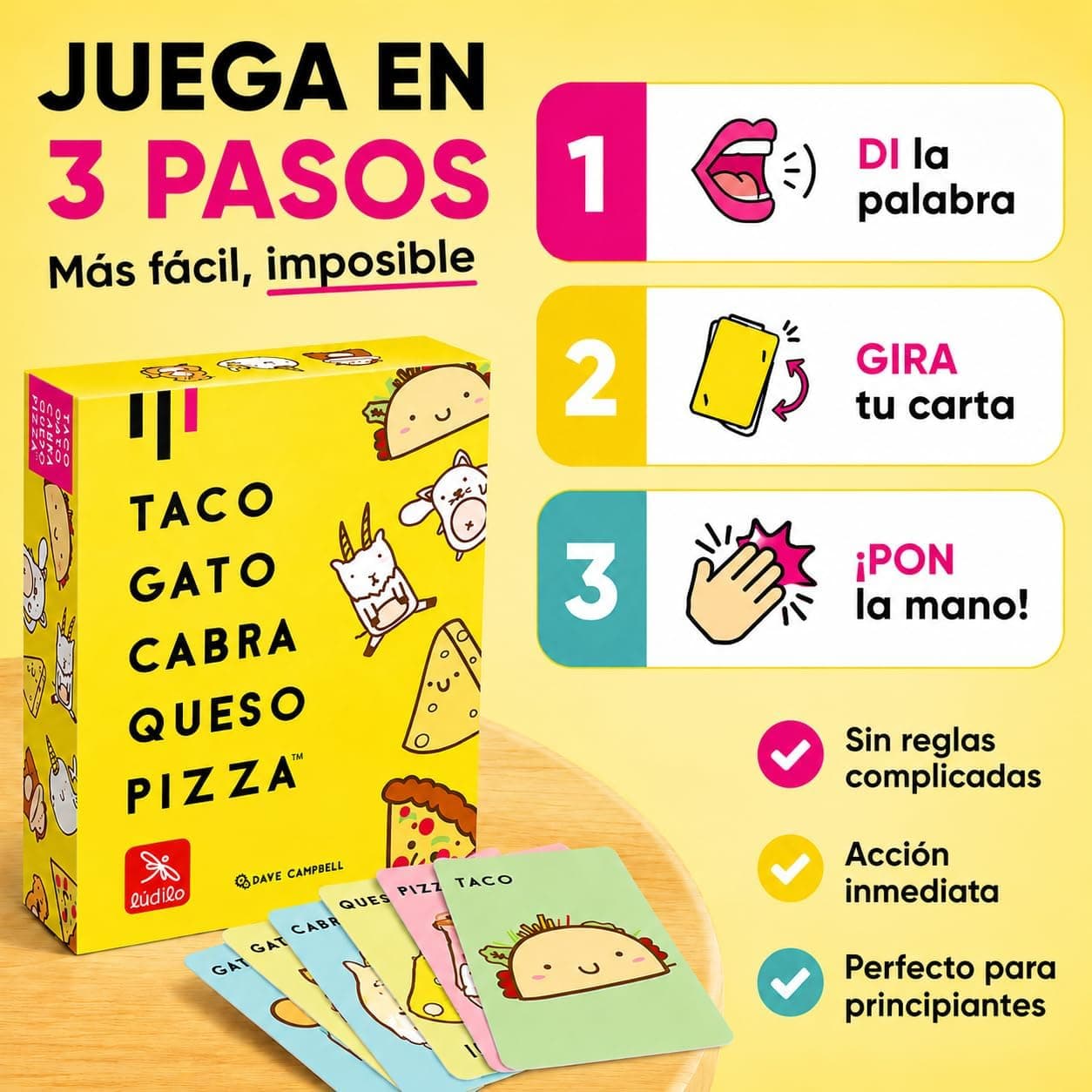 Cartas del juego con los dibujos de taco, gato, cabra, queso y pizza