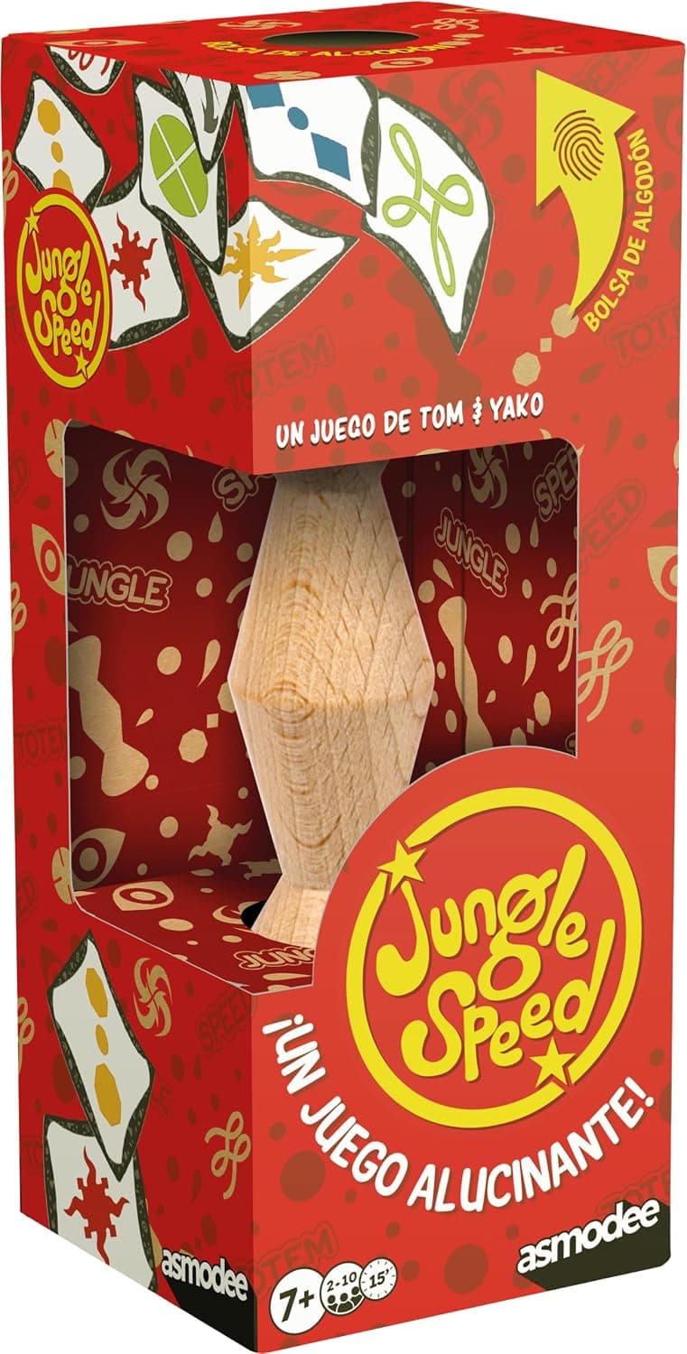 Caja de Jungle Speed con el tótem de madera y las cartas de símbolos
