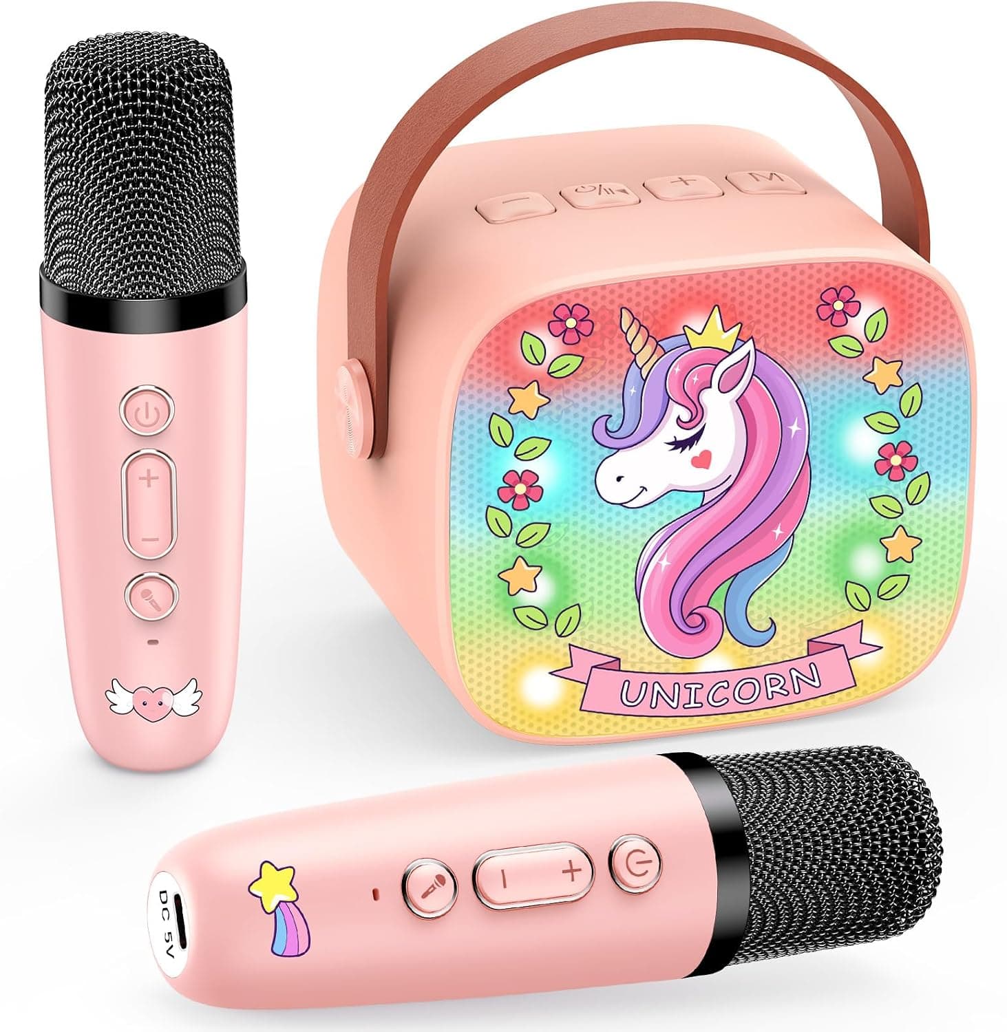 Altavoz karaoke de unicornio con dos micrófonos rosas
