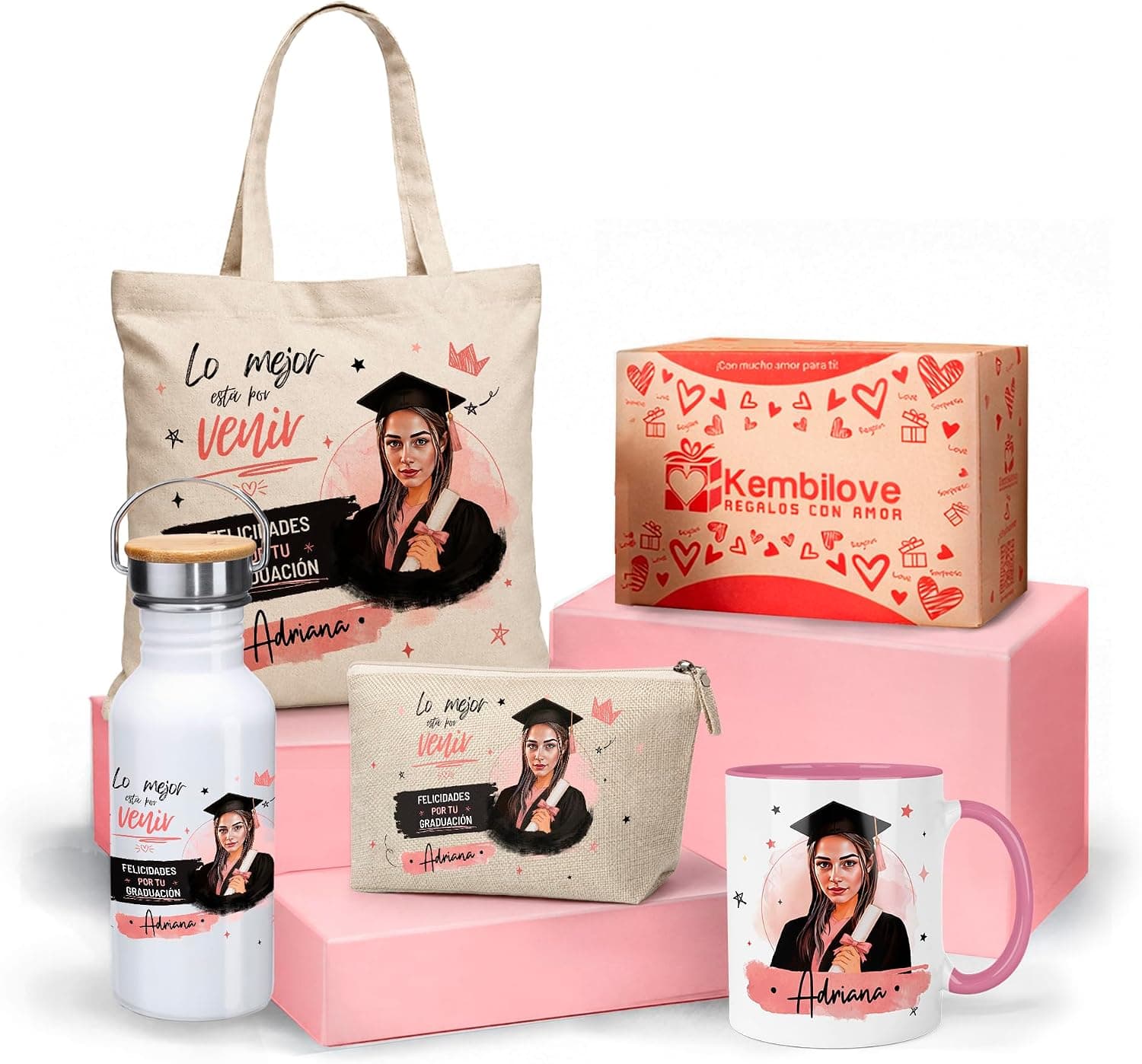 Kit de graduación con taza, botella, neceser y bolsa tote, personalizados con ilustración y nombre