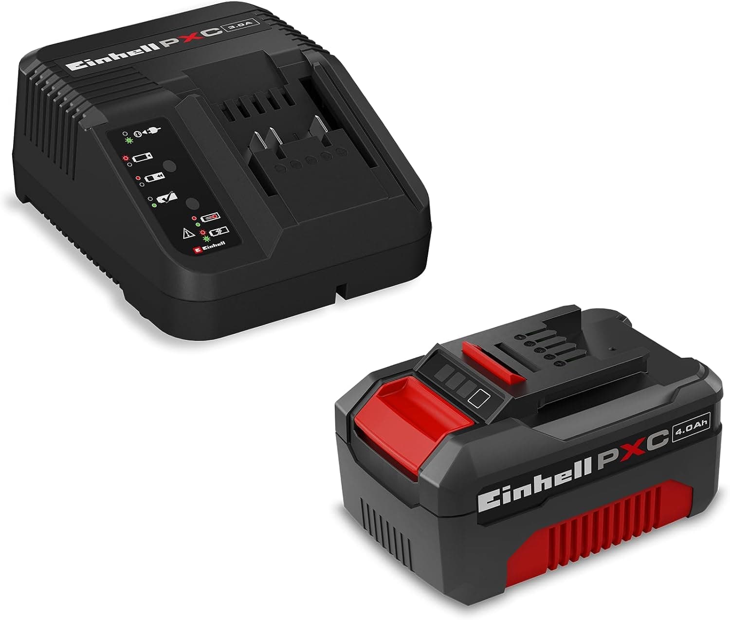Batería roja Einhell Power X-Change 18V junto a su cargador con indicador LED