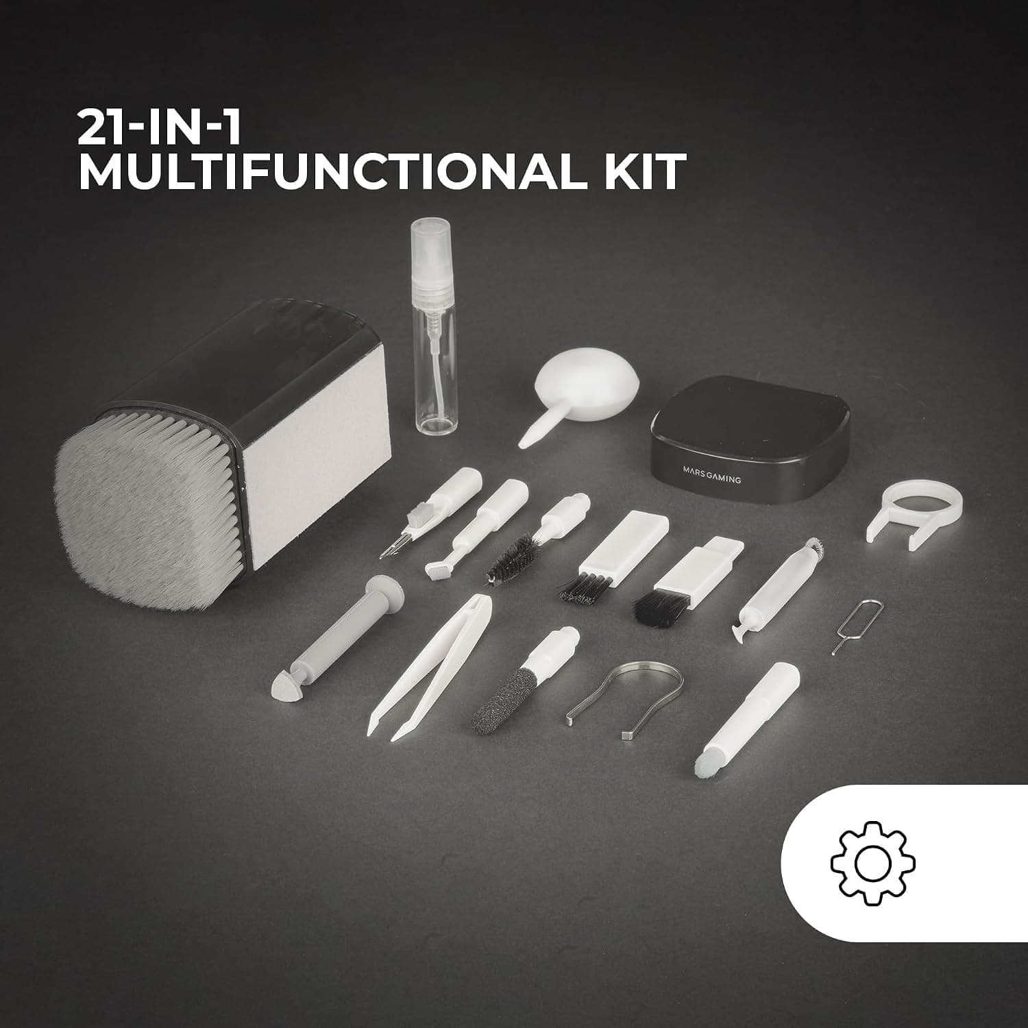 Estuche abierto con las piezas del kit de limpieza