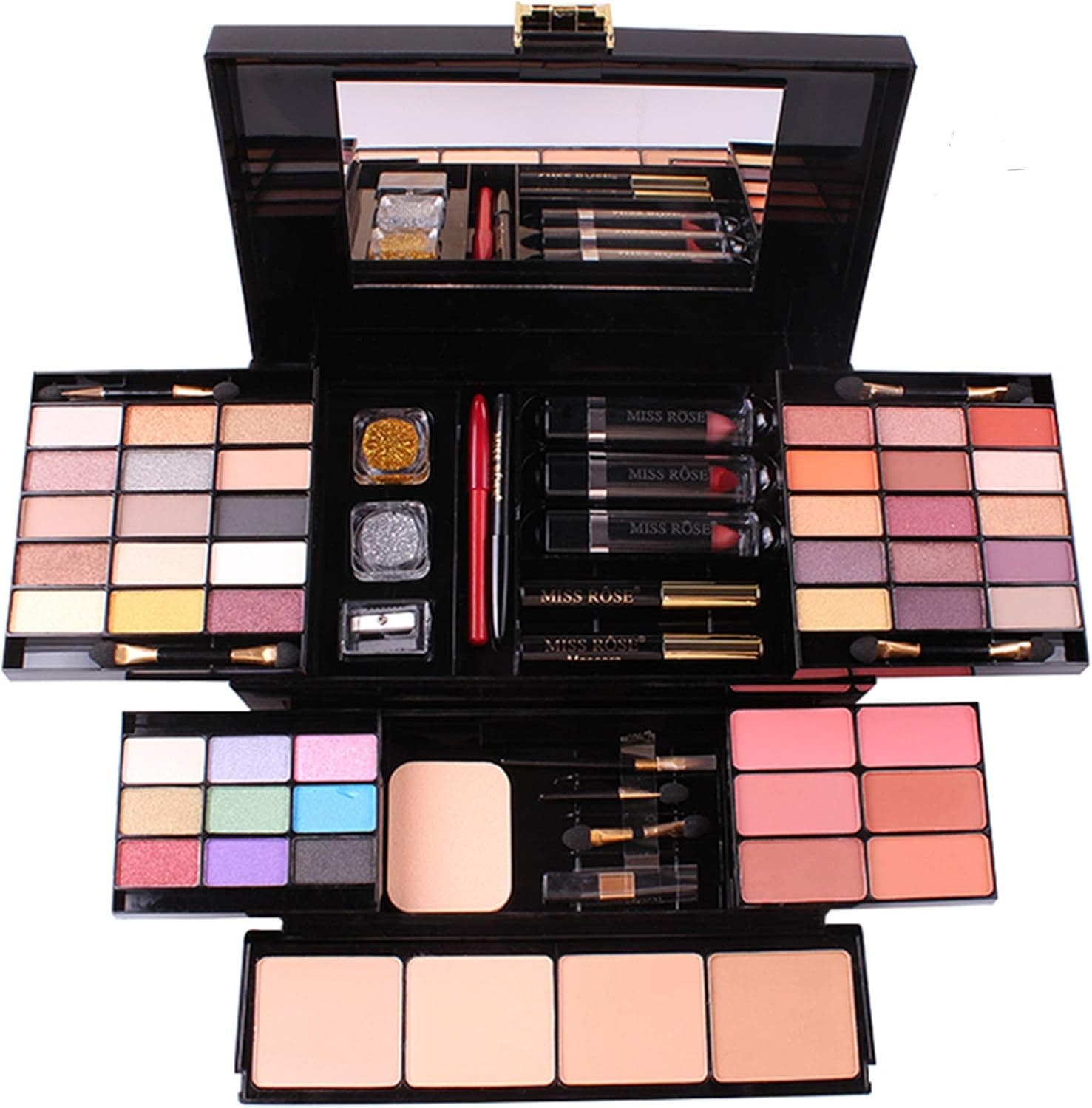 Maletín de maquillaje abierto con espejo interior, sombras de ojos, coloretes, labiales, máscara de pestañas y brochas de la marca Miss Rose
